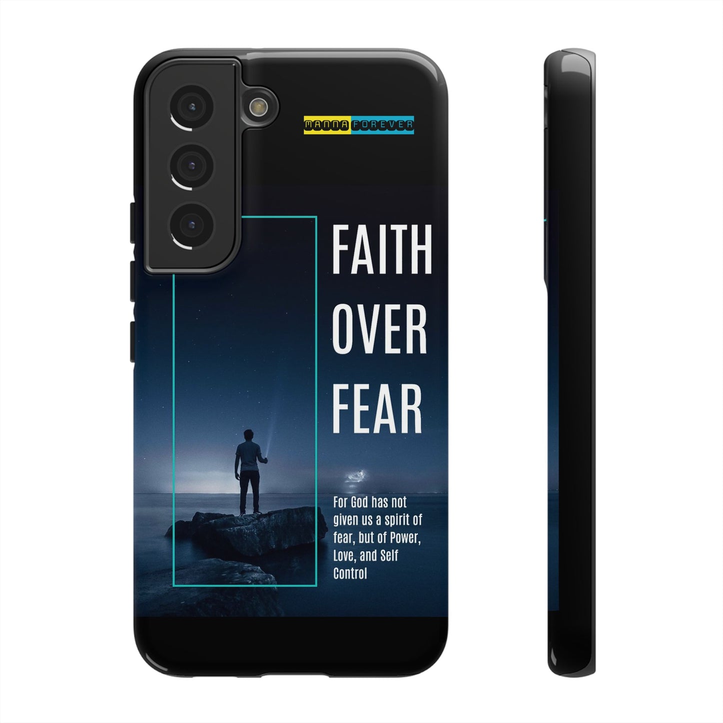 DOUBLE LAYER BLACK PHONE CASE WITH CHRISTIAN QUOTE "FAITH OVER FEAR " - MADE FOR  IPHONE, SAMSUNG AND GOOGLE PIXEL MODELS