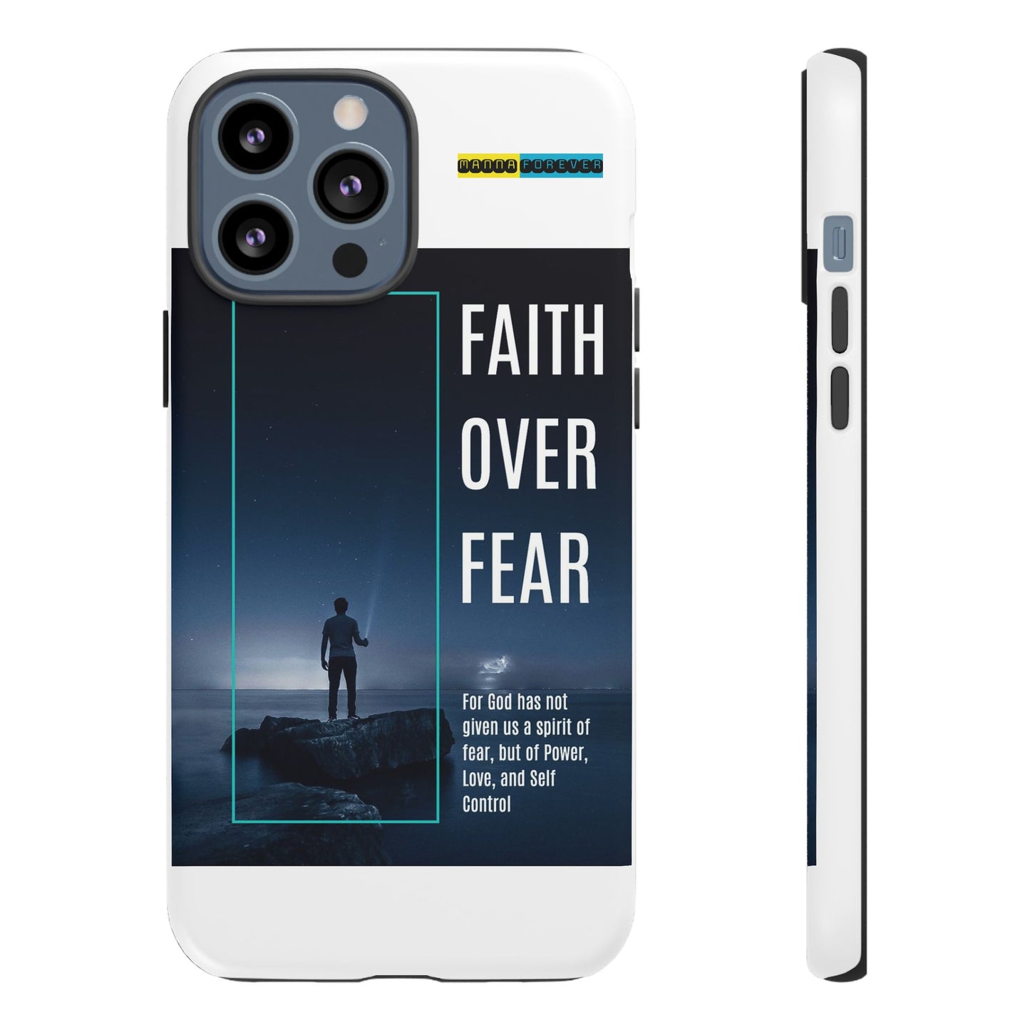 DOUBLE LAYER WHITE PHONE CASE WITH CHRISTIAN QUOTE "FAITH OVER FEAR " - MADE FOR  IPHONE, SAMSUNG AND GOOGLE PIXEL MODELS