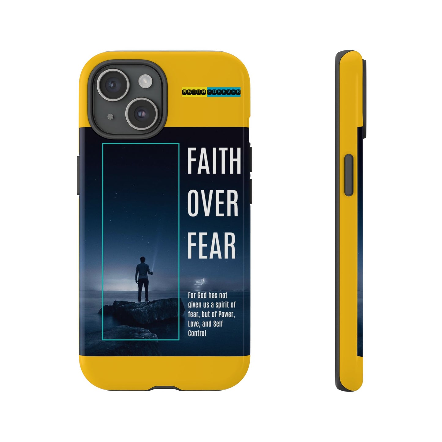 DOUBLE LAYER YELLOW PHONE CASE WITH CHRISTIAN QUOTE "FAITH OVER FEAR " - MADE FOR  IPHONE, SAMSUNG AND GOOGLE PIXEL MODELS