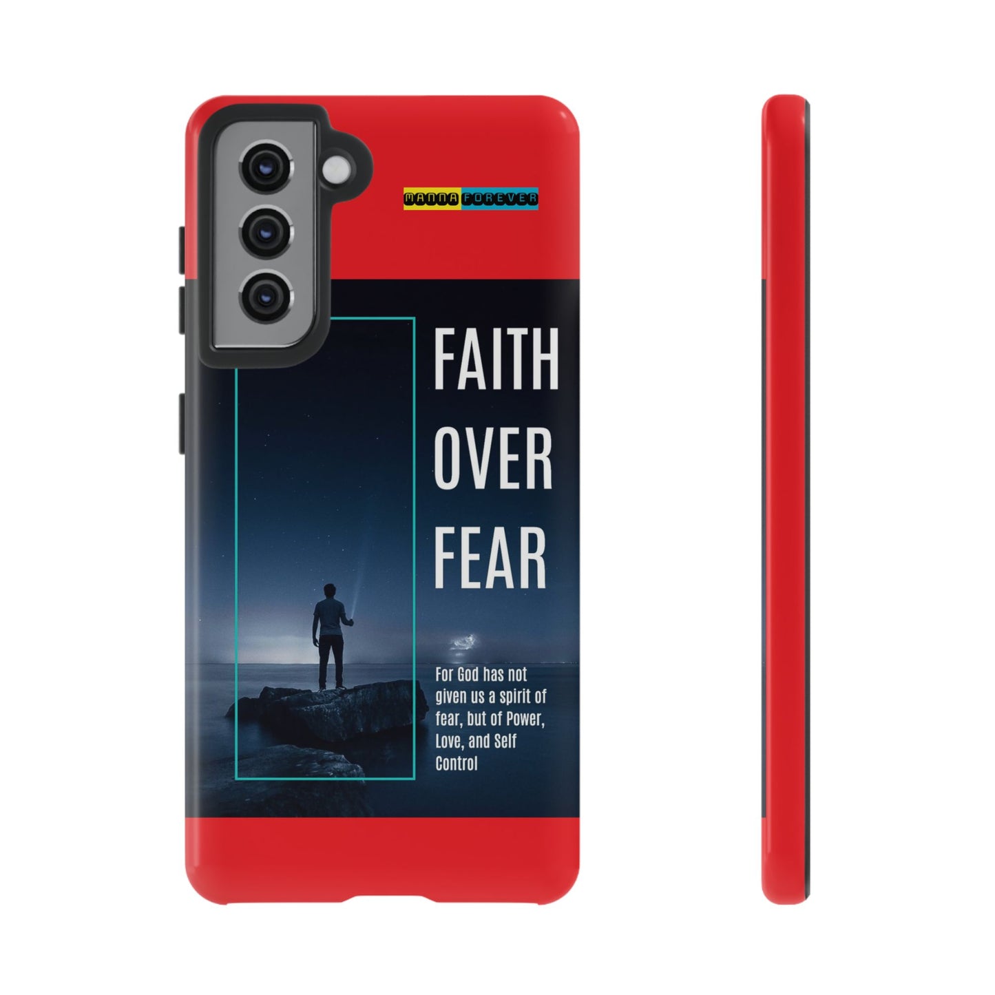 DOUBLE LAYER RED PHONE CASE WITH CHRISTIAN QUOTE "FAITH OVER FEAR " - MADE FOR  IPHONE, SAMSUNG AND GOOGLE PIXEL MODELS