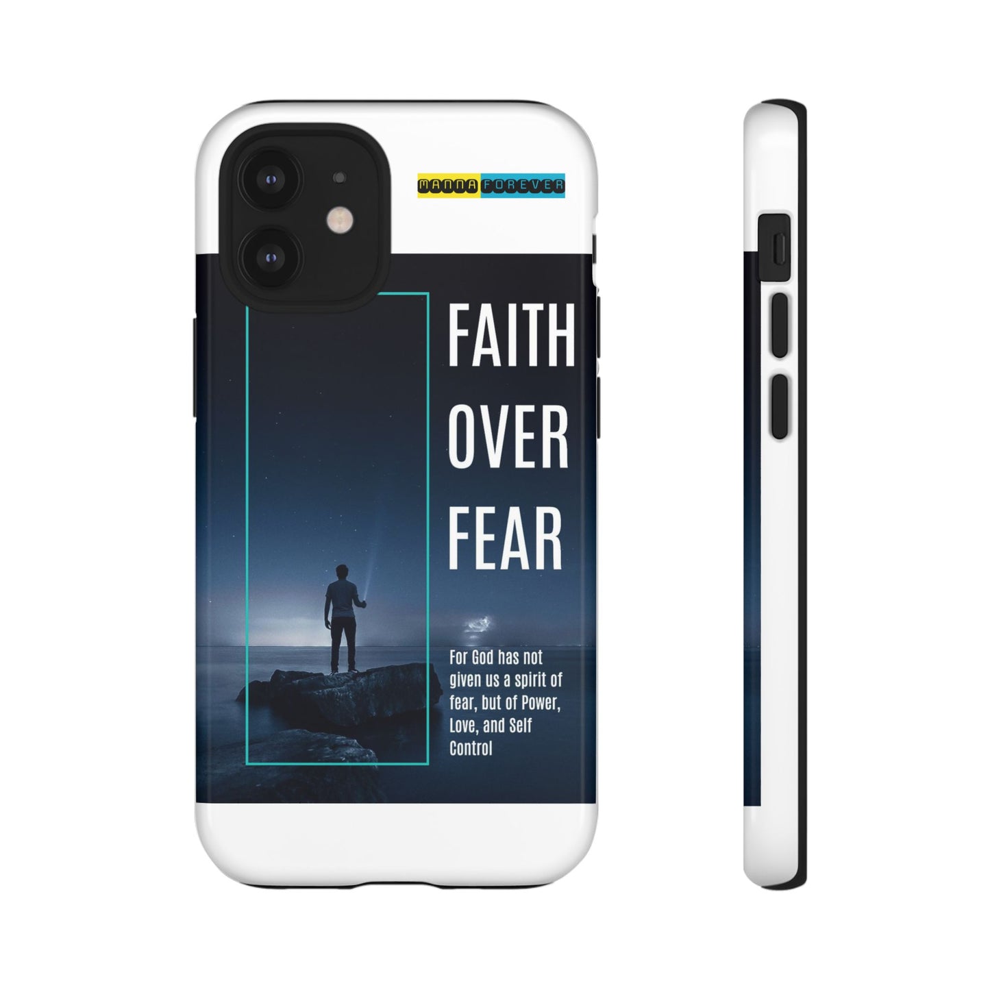 DOUBLE LAYER WHITE PHONE CASE WITH CHRISTIAN QUOTE "FAITH OVER FEAR " - MADE FOR  IPHONE, SAMSUNG AND GOOGLE PIXEL MODELS