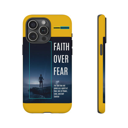 DOUBLE LAYER YELLOW PHONE CASE WITH CHRISTIAN QUOTE "FAITH OVER FEAR " - MADE FOR  IPHONE, SAMSUNG AND GOOGLE PIXEL MODELS