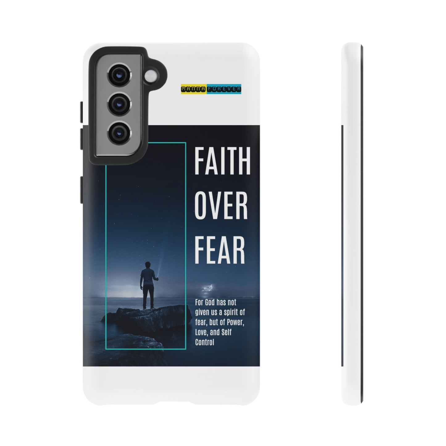 DOUBLE LAYER WHITE PHONE CASE WITH CHRISTIAN QUOTE "FAITH OVER FEAR " - MADE FOR  IPHONE, SAMSUNG AND GOOGLE PIXEL MODELS