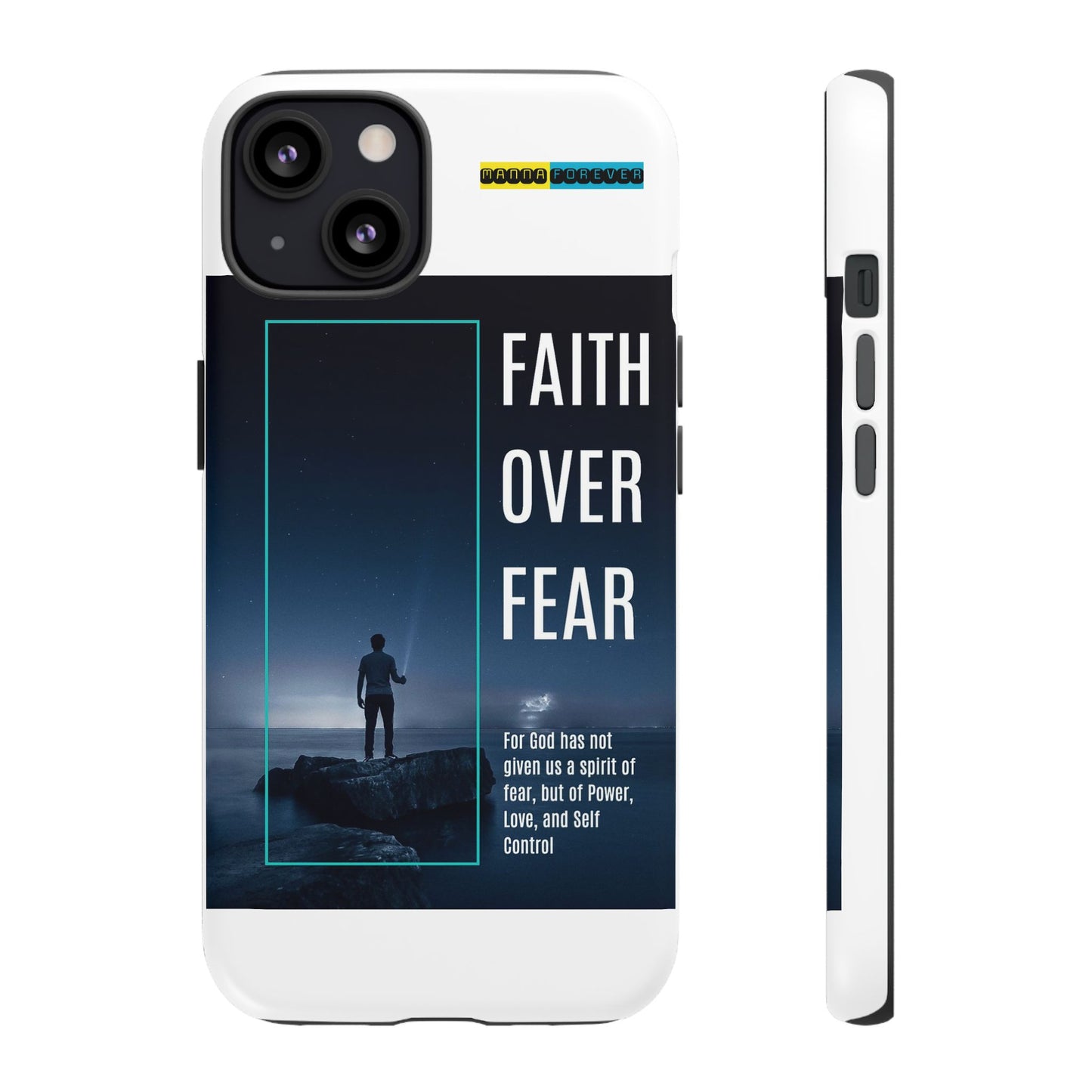 DOUBLE LAYER WHITE PHONE CASE WITH CHRISTIAN QUOTE "FAITH OVER FEAR " - MADE FOR  IPHONE, SAMSUNG AND GOOGLE PIXEL MODELS