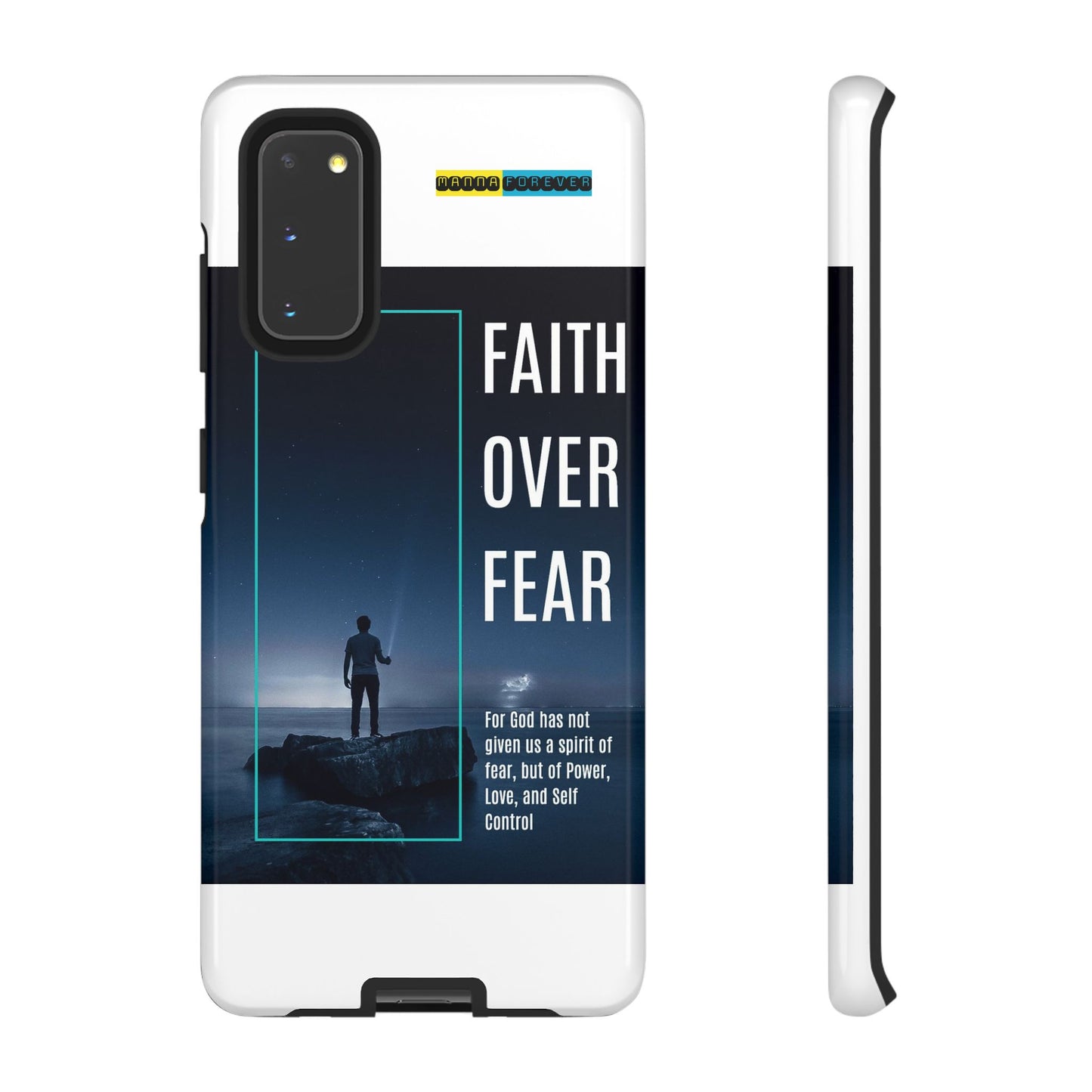 DOUBLE LAYER WHITE PHONE CASE WITH CHRISTIAN QUOTE "FAITH OVER FEAR " - MADE FOR  IPHONE, SAMSUNG AND GOOGLE PIXEL MODELS