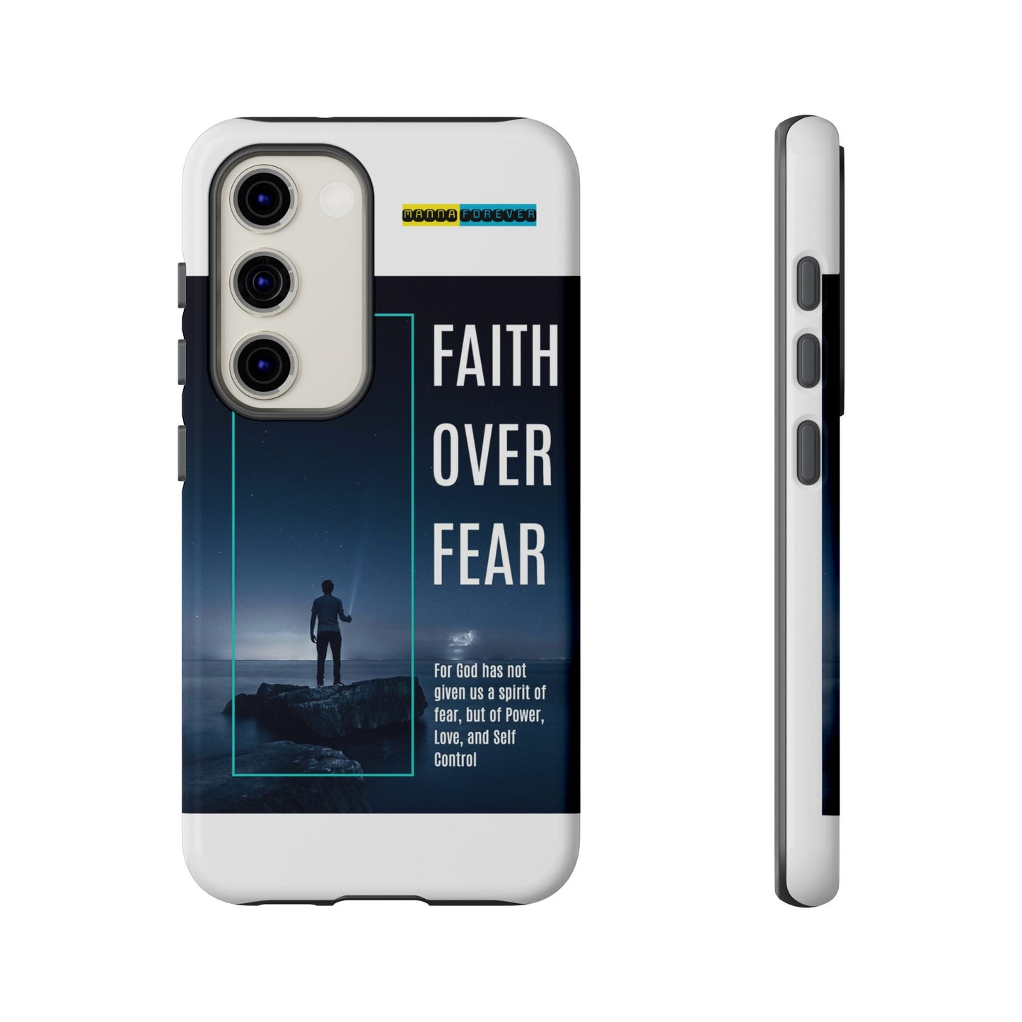 DOUBLE LAYER WHITE PHONE CASE WITH CHRISTIAN QUOTE "FAITH OVER FEAR " - MADE FOR  IPHONE, SAMSUNG AND GOOGLE PIXEL MODELS