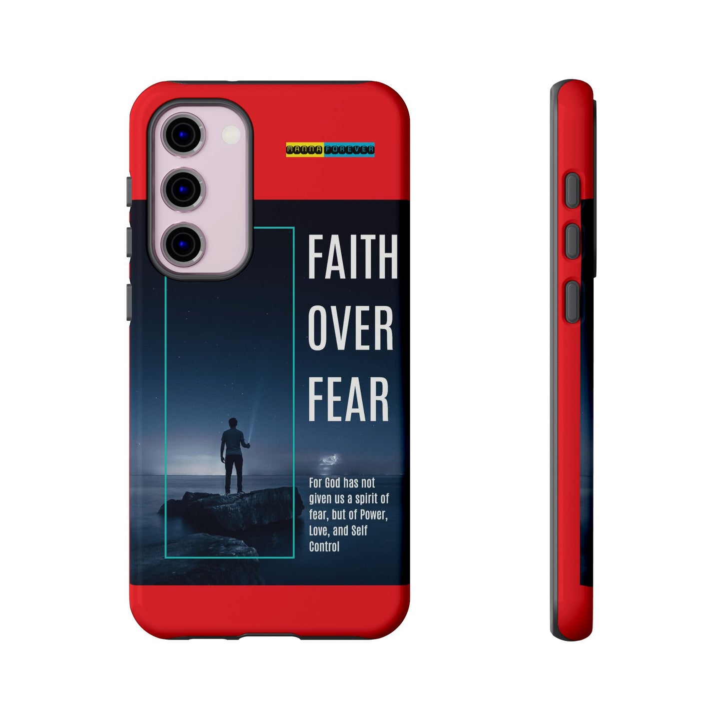 DOUBLE LAYER RED PHONE CASE WITH CHRISTIAN QUOTE "FAITH OVER FEAR " - MADE FOR  IPHONE, SAMSUNG AND GOOGLE PIXEL MODELS