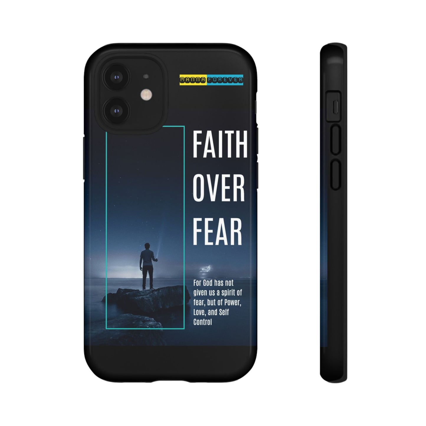 DOUBLE LAYER BLACK PHONE CASE WITH CHRISTIAN QUOTE "FAITH OVER FEAR " - MADE FOR  IPHONE, SAMSUNG AND GOOGLE PIXEL MODELS