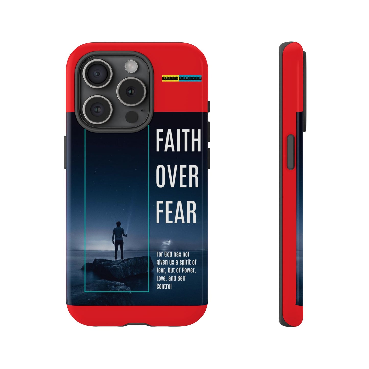 DOUBLE LAYER RED PHONE CASE WITH CHRISTIAN QUOTE "FAITH OVER FEAR " - MADE FOR  IPHONE, SAMSUNG AND GOOGLE PIXEL MODELS