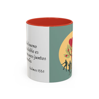 TAZA PARA CAFÉ DE CERÁMICA CON DOBLE TONALIDAD DECORATIVA CON CITA BÍBLICA SALMOS 133:1