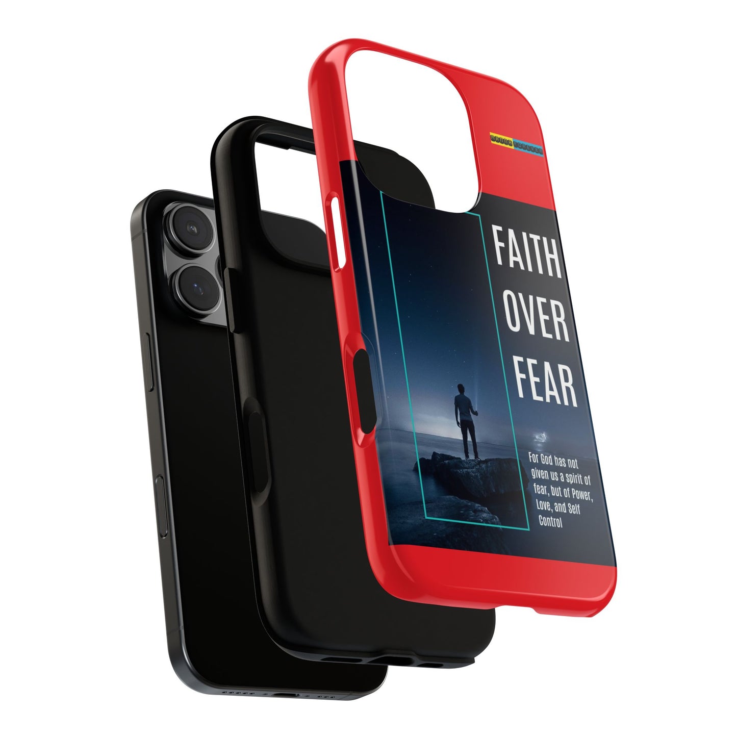 DOUBLE LAYER RED PHONE CASE WITH CHRISTIAN QUOTE "FAITH OVER FEAR " - MADE FOR  IPHONE, SAMSUNG AND GOOGLE PIXEL MODELS