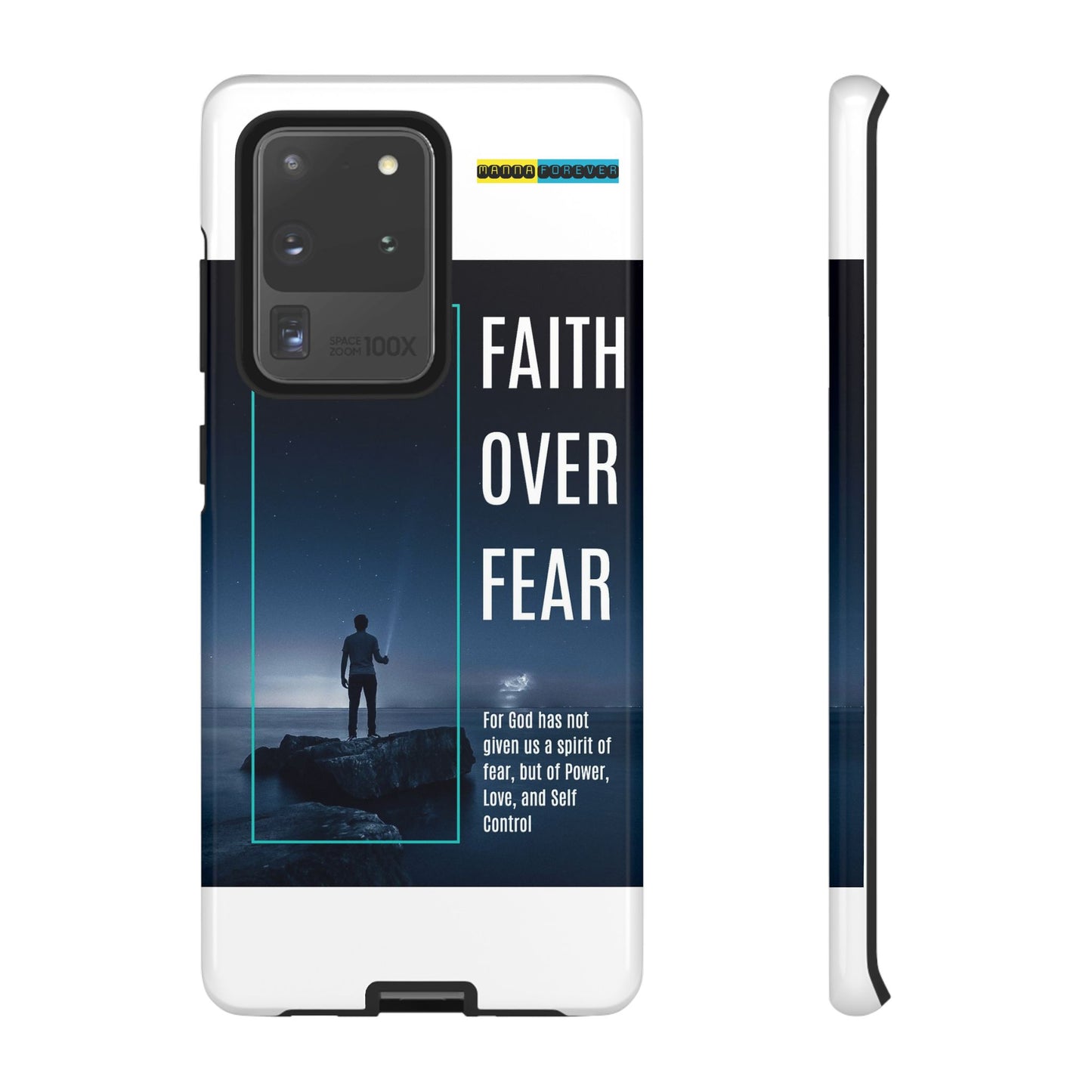 DOUBLE LAYER WHITE PHONE CASE WITH CHRISTIAN QUOTE "FAITH OVER FEAR " - MADE FOR  IPHONE, SAMSUNG AND GOOGLE PIXEL MODELS