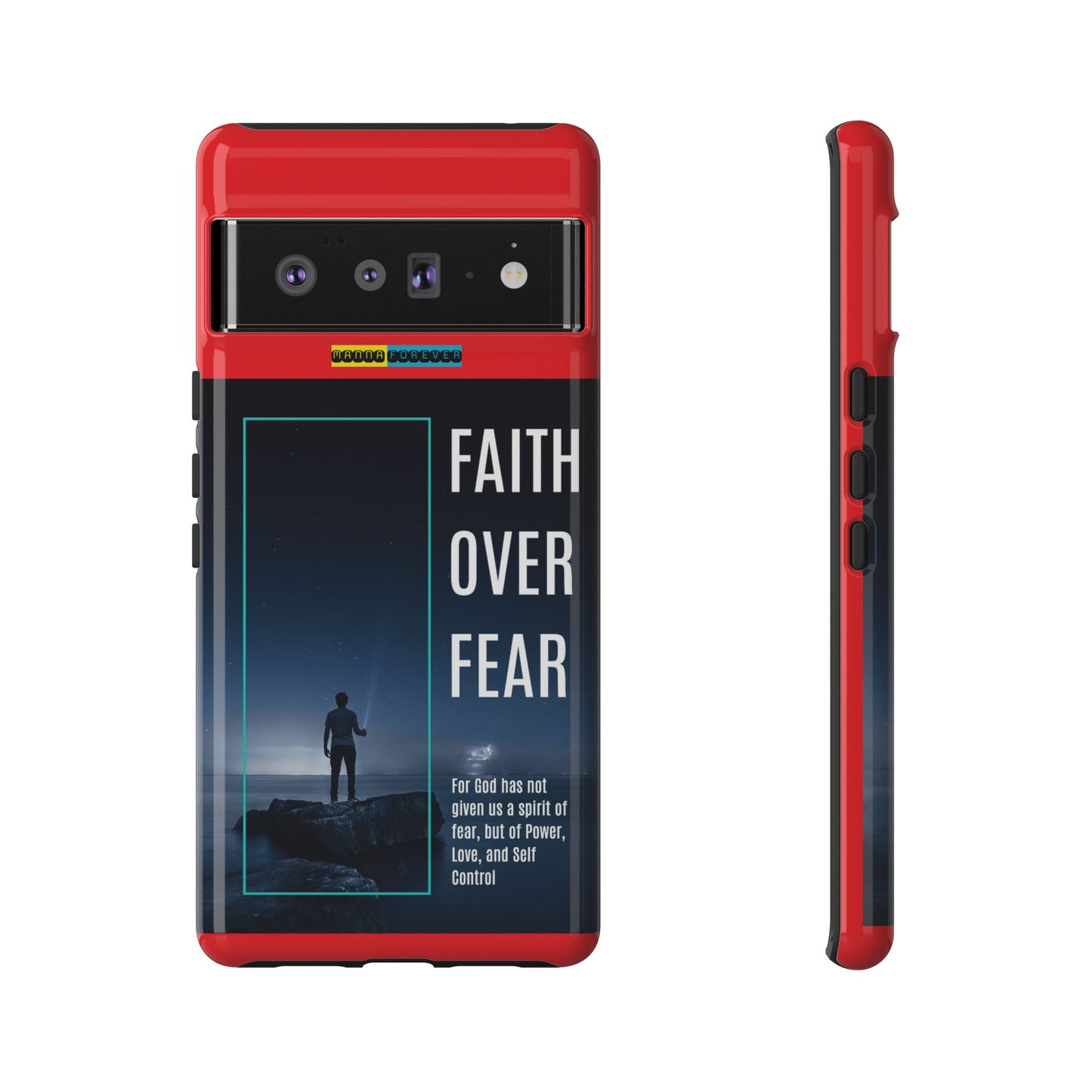 DOUBLE LAYER RED PHONE CASE WITH CHRISTIAN QUOTE "FAITH OVER FEAR " - MADE FOR  IPHONE, SAMSUNG AND GOOGLE PIXEL MODELS