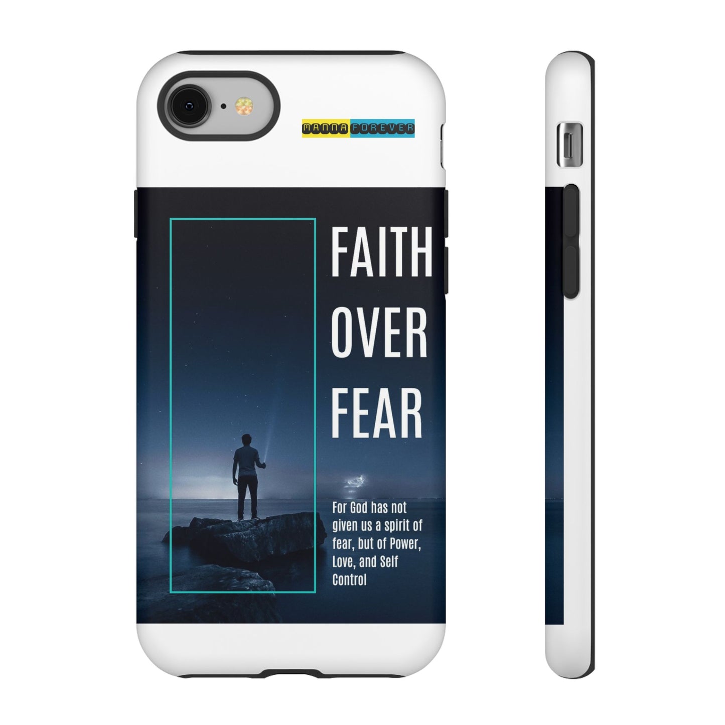 DOUBLE LAYER WHITE PHONE CASE WITH CHRISTIAN QUOTE "FAITH OVER FEAR " - MADE FOR  IPHONE, SAMSUNG AND GOOGLE PIXEL MODELS