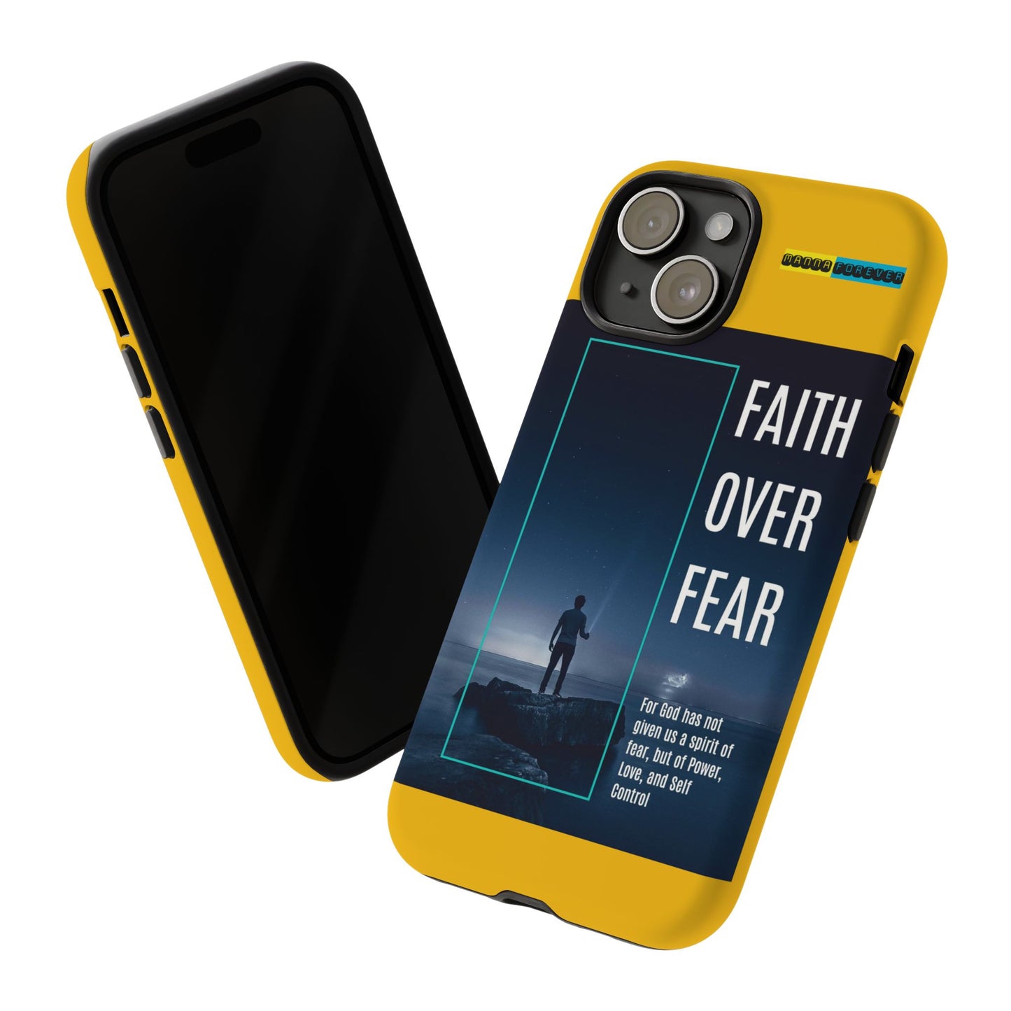 DOUBLE LAYER YELLOW PHONE CASE WITH CHRISTIAN QUOTE "FAITH OVER FEAR " - MADE FOR  IPHONE, SAMSUNG AND GOOGLE PIXEL MODELS