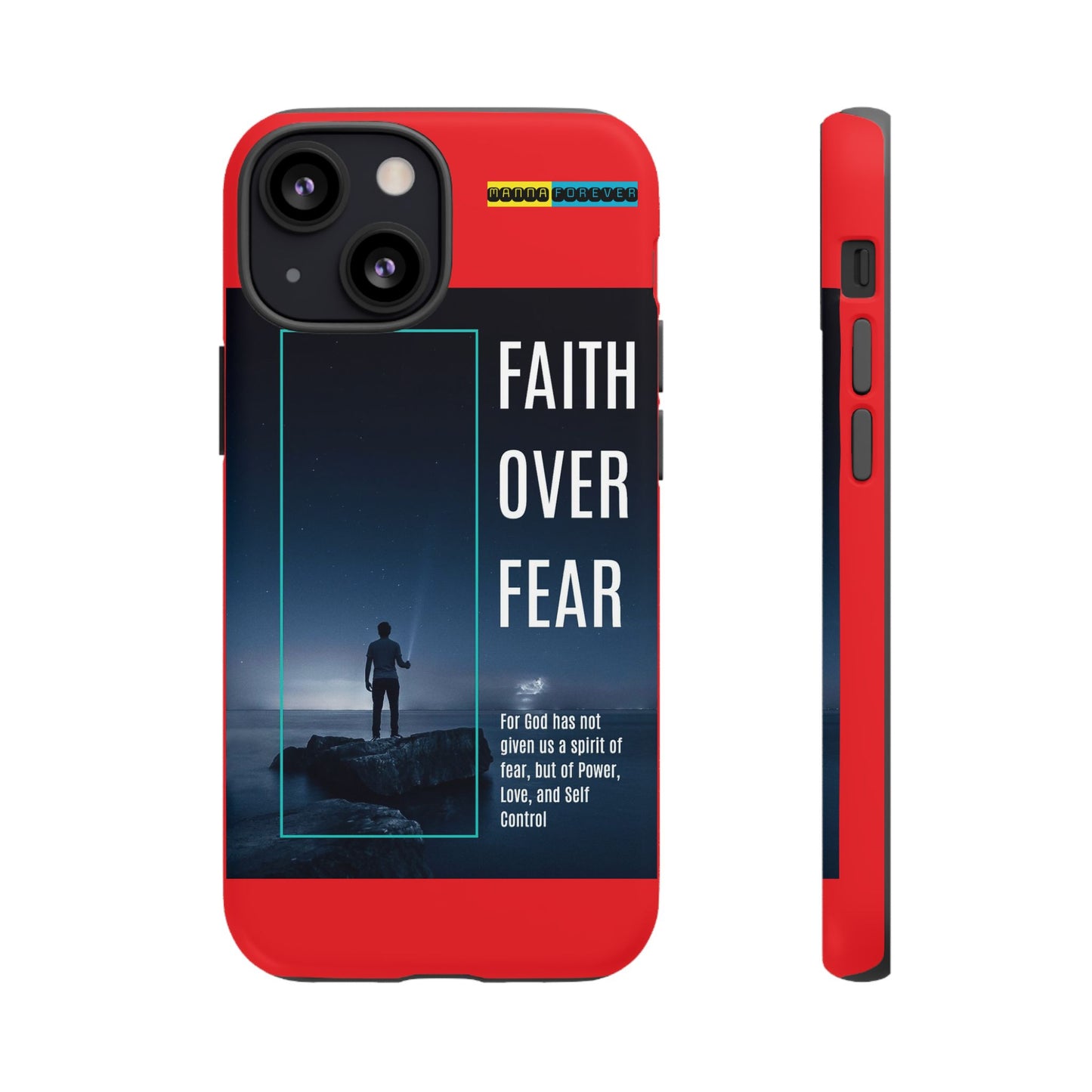 DOUBLE LAYER RED PHONE CASE WITH CHRISTIAN QUOTE "FAITH OVER FEAR " - MADE FOR  IPHONE, SAMSUNG AND GOOGLE PIXEL MODELS