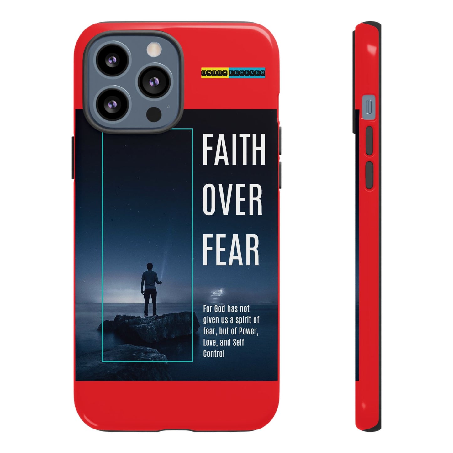 DOUBLE LAYER RED PHONE CASE WITH CHRISTIAN QUOTE "FAITH OVER FEAR " - MADE FOR  IPHONE, SAMSUNG AND GOOGLE PIXEL MODELS