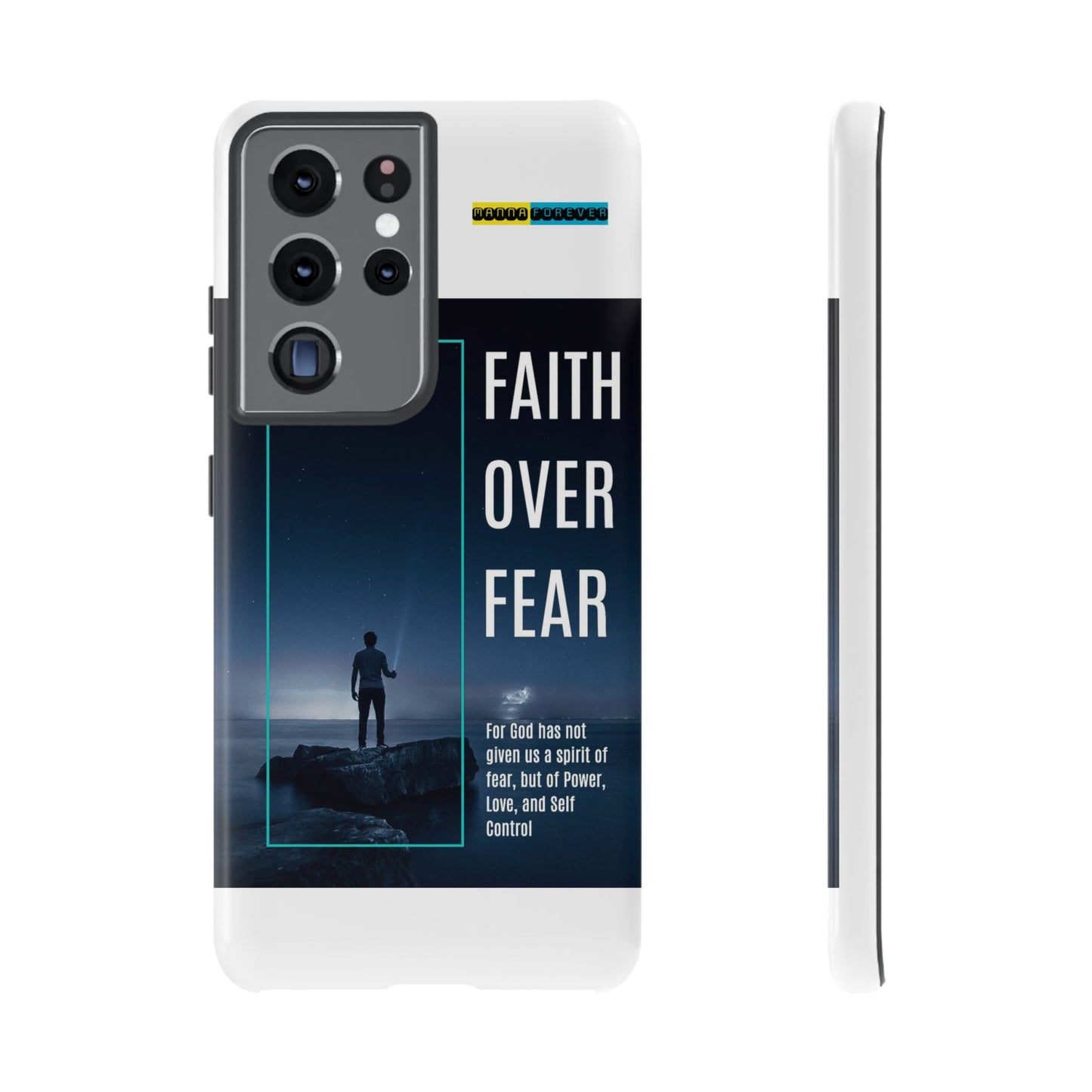 DOUBLE LAYER WHITE PHONE CASE WITH CHRISTIAN QUOTE "FAITH OVER FEAR " - MADE FOR  IPHONE, SAMSUNG AND GOOGLE PIXEL MODELS