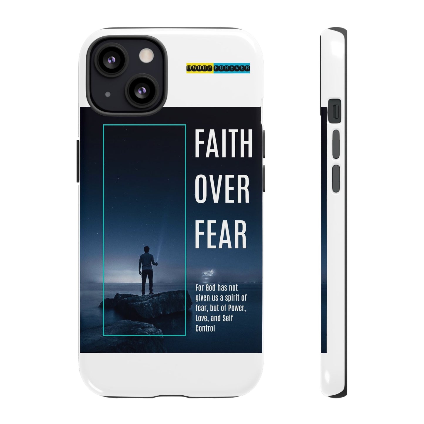 DOUBLE LAYER WHITE PHONE CASE WITH CHRISTIAN QUOTE "FAITH OVER FEAR " - MADE FOR  IPHONE, SAMSUNG AND GOOGLE PIXEL MODELS