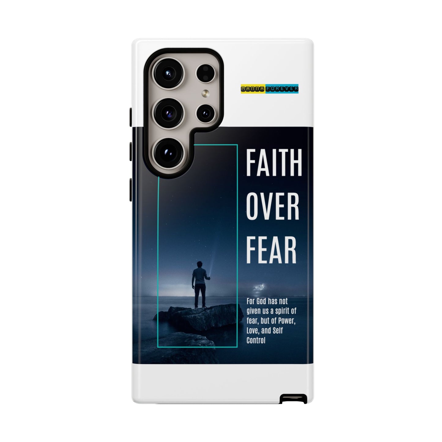 DOUBLE LAYER WHITE PHONE CASE WITH CHRISTIAN QUOTE "FAITH OVER FEAR " - MADE FOR  IPHONE, SAMSUNG AND GOOGLE PIXEL MODELS