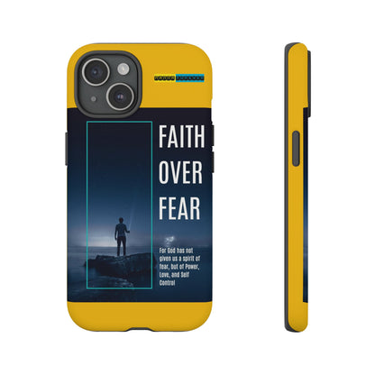 DOUBLE LAYER YELLOW PHONE CASE WITH CHRISTIAN QUOTE "FAITH OVER FEAR " - MADE FOR  IPHONE, SAMSUNG AND GOOGLE PIXEL MODELS