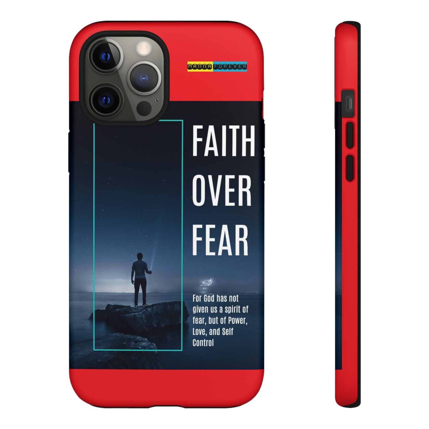 DOUBLE LAYER RED PHONE CASE WITH CHRISTIAN QUOTE "FAITH OVER FEAR " - MADE FOR  IPHONE, SAMSUNG AND GOOGLE PIXEL MODELS