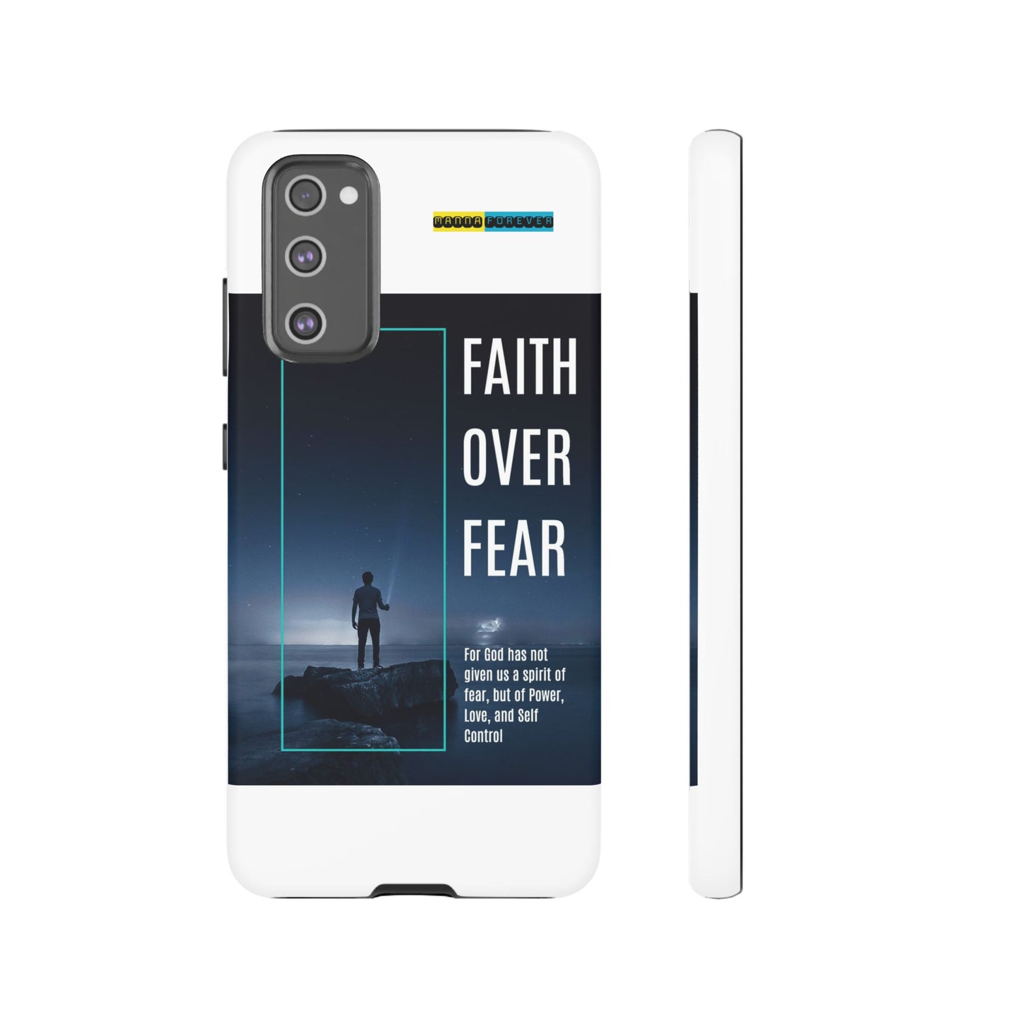 DOUBLE LAYER WHITE PHONE CASE WITH CHRISTIAN QUOTE "FAITH OVER FEAR " - MADE FOR  IPHONE, SAMSUNG AND GOOGLE PIXEL MODELS