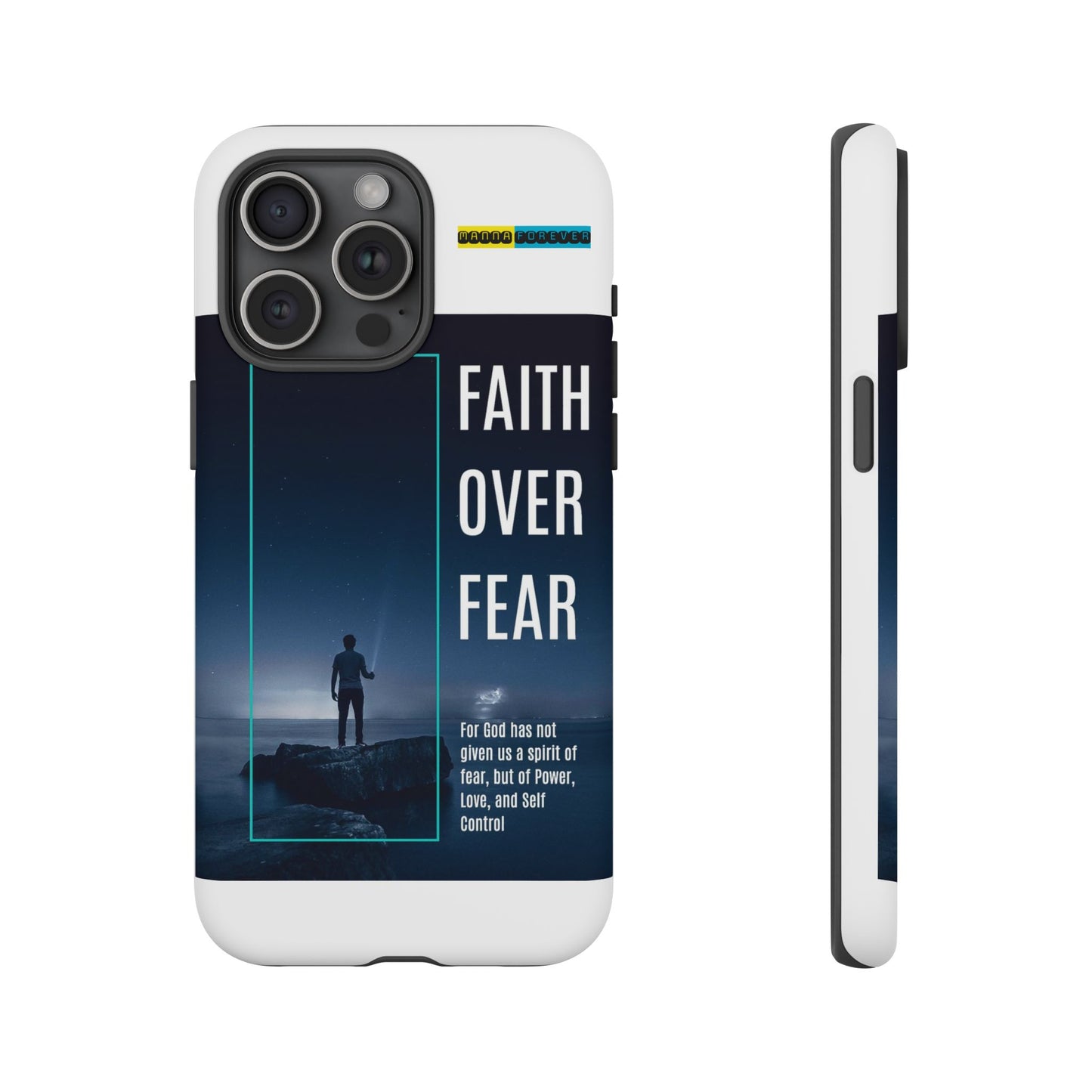 DOUBLE LAYER WHITE PHONE CASE WITH CHRISTIAN QUOTE "FAITH OVER FEAR " - MADE FOR  IPHONE, SAMSUNG AND GOOGLE PIXEL MODELS