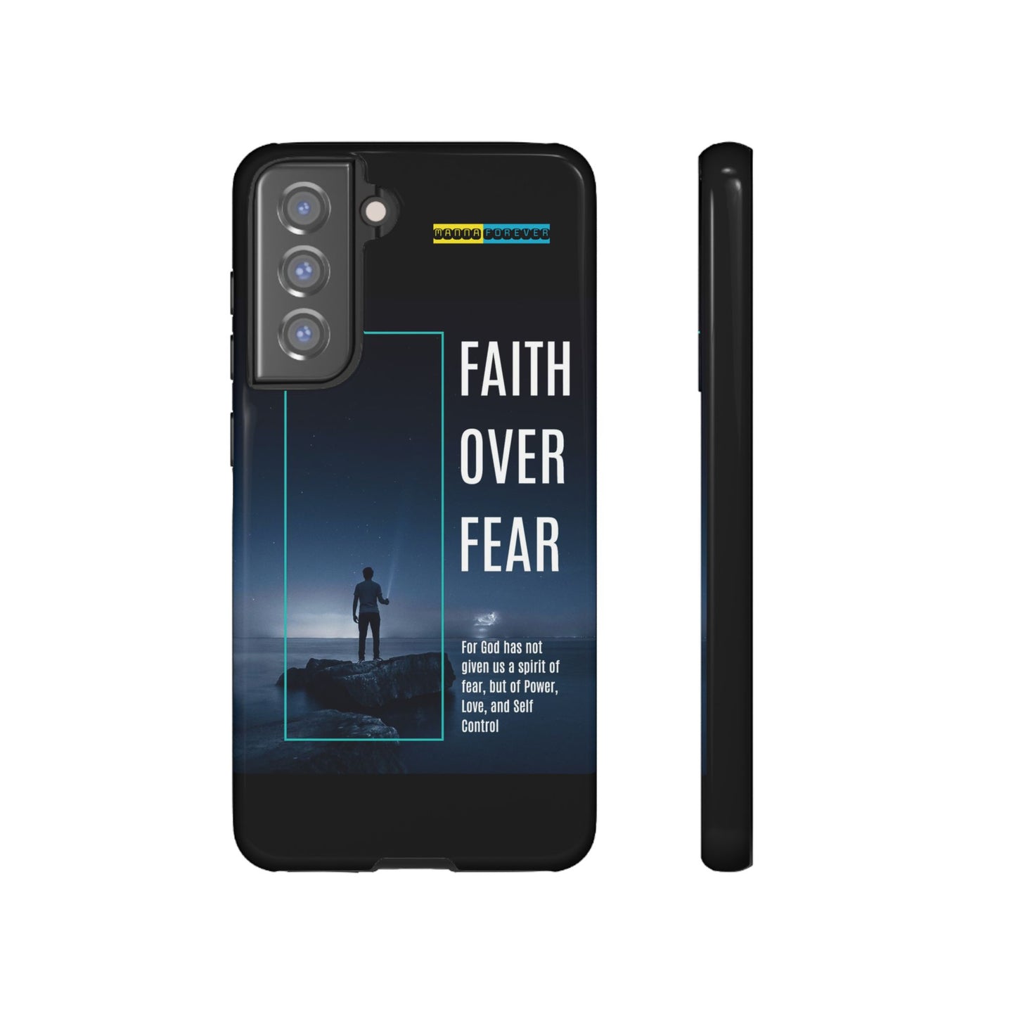 DOUBLE LAYER BLACK PHONE CASE WITH CHRISTIAN QUOTE "FAITH OVER FEAR " - MADE FOR  IPHONE, SAMSUNG AND GOOGLE PIXEL MODELS