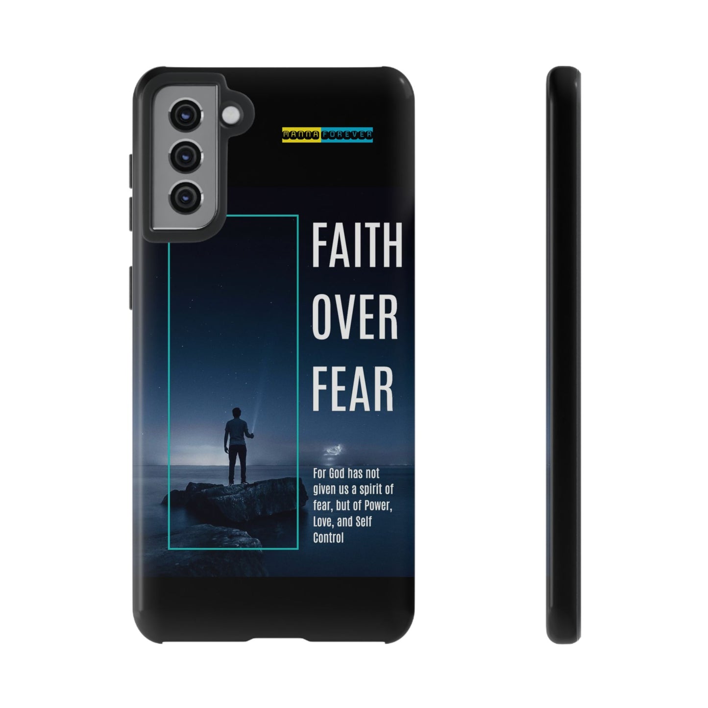 DOUBLE LAYER BLACK PHONE CASE WITH CHRISTIAN QUOTE "FAITH OVER FEAR " - MADE FOR  IPHONE, SAMSUNG AND GOOGLE PIXEL MODELS