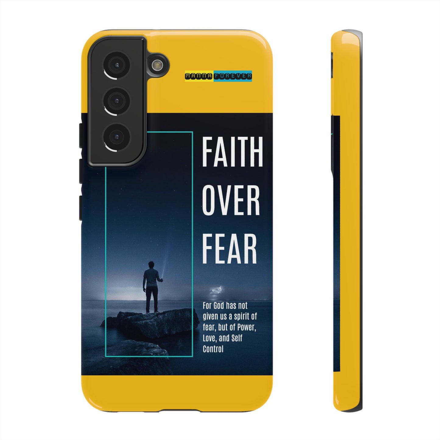 DOUBLE LAYER YELLOW PHONE CASE WITH CHRISTIAN QUOTE "FAITH OVER FEAR " - MADE FOR  IPHONE, SAMSUNG AND GOOGLE PIXEL MODELS