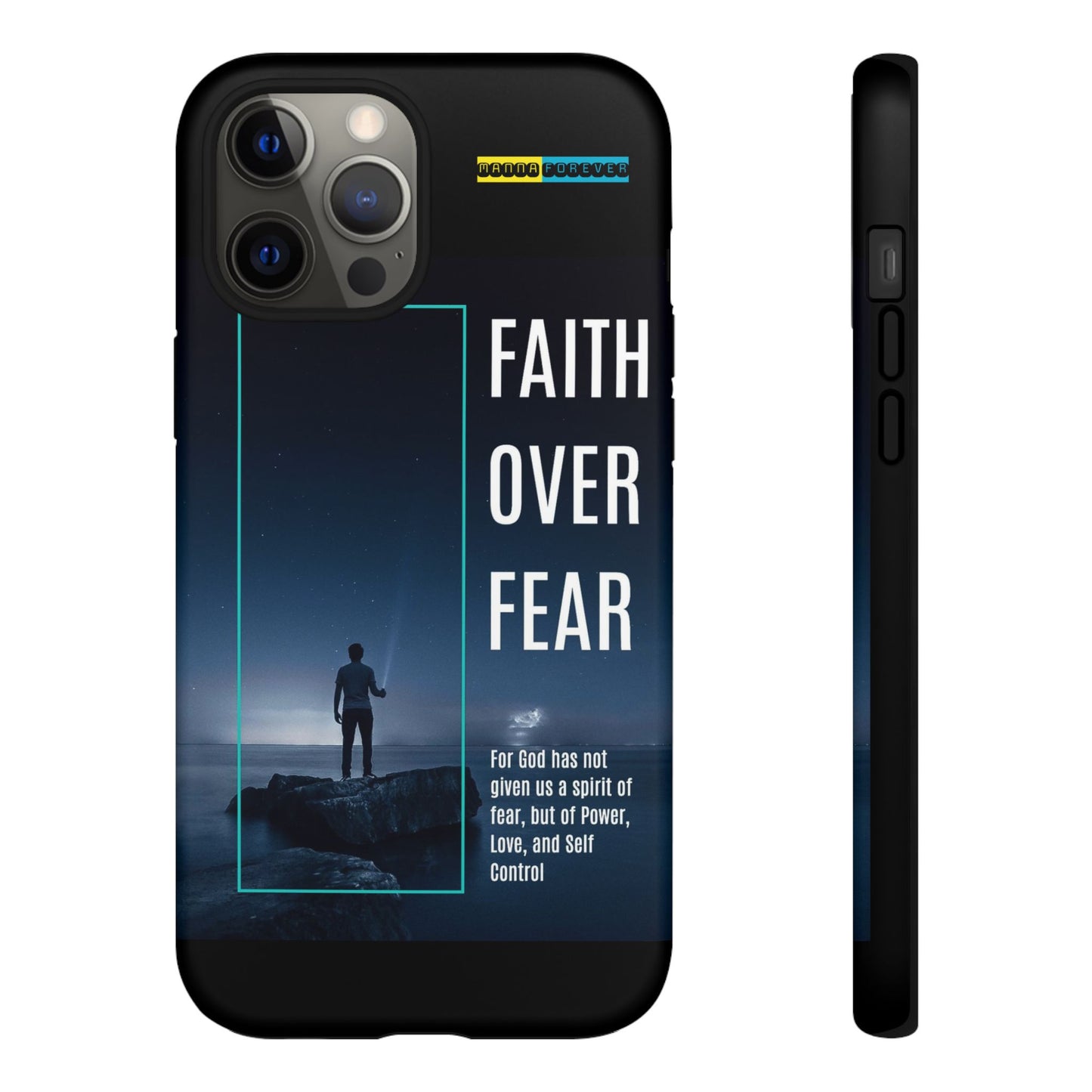 DOUBLE LAYER BLACK PHONE CASE WITH CHRISTIAN QUOTE "FAITH OVER FEAR " - MADE FOR  IPHONE, SAMSUNG AND GOOGLE PIXEL MODELS