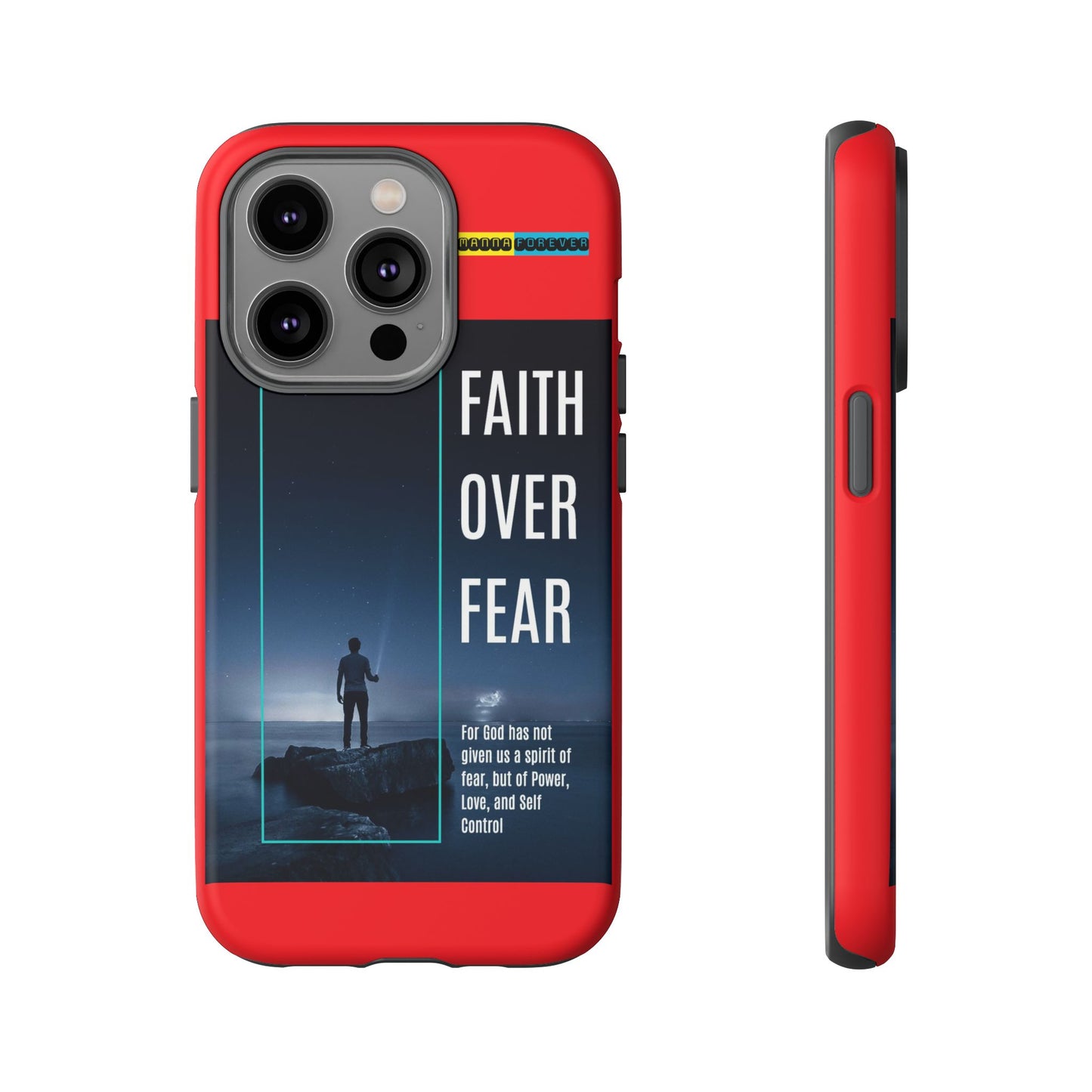 DOUBLE LAYER RED PHONE CASE WITH CHRISTIAN QUOTE "FAITH OVER FEAR " - MADE FOR  IPHONE, SAMSUNG AND GOOGLE PIXEL MODELS