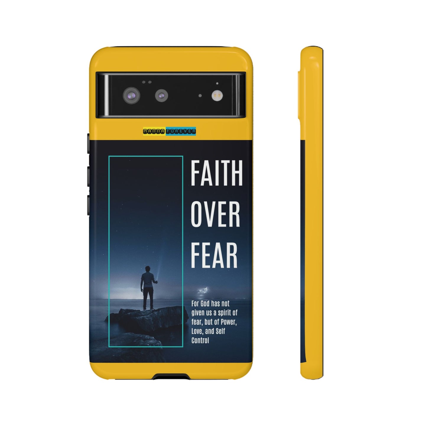 DOUBLE LAYER YELLOW PHONE CASE WITH CHRISTIAN QUOTE "FAITH OVER FEAR " - MADE FOR  IPHONE, SAMSUNG AND GOOGLE PIXEL MODELS