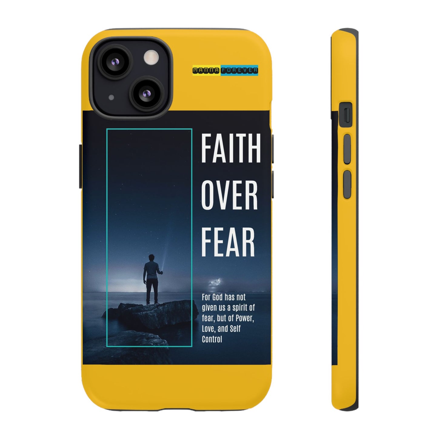 DOUBLE LAYER YELLOW PHONE CASE WITH CHRISTIAN QUOTE "FAITH OVER FEAR " - MADE FOR  IPHONE, SAMSUNG AND GOOGLE PIXEL MODELS