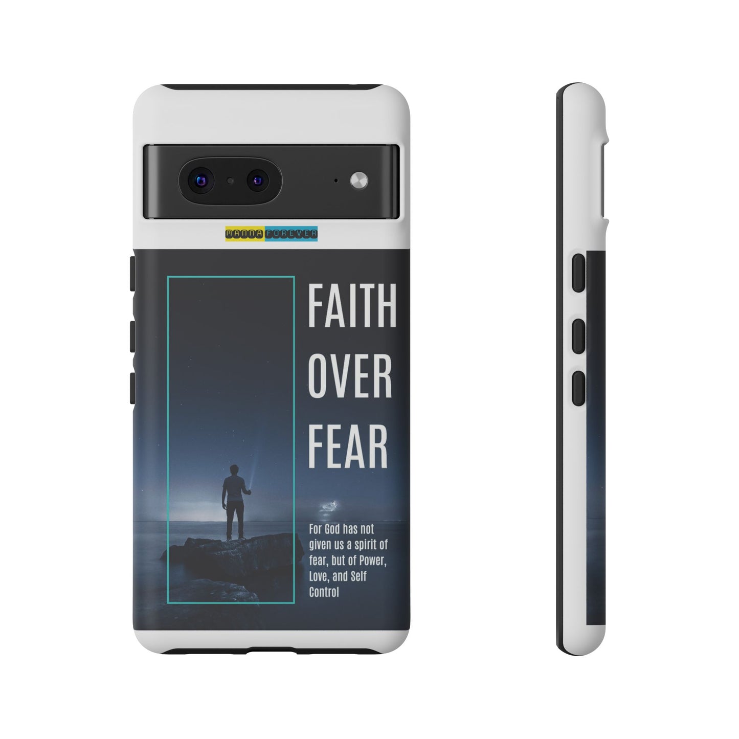 DOUBLE LAYER WHITE PHONE CASE WITH CHRISTIAN QUOTE "FAITH OVER FEAR " - MADE FOR  IPHONE, SAMSUNG AND GOOGLE PIXEL MODELS