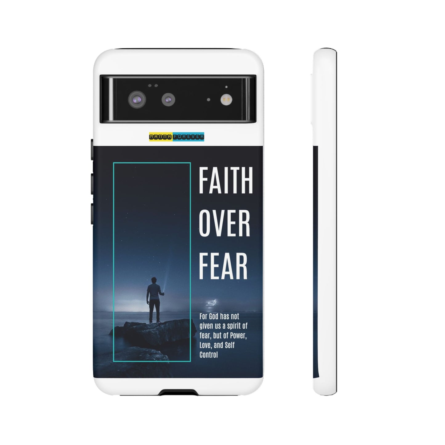 DOUBLE LAYER WHITE PHONE CASE WITH CHRISTIAN QUOTE "FAITH OVER FEAR " - MADE FOR  IPHONE, SAMSUNG AND GOOGLE PIXEL MODELS