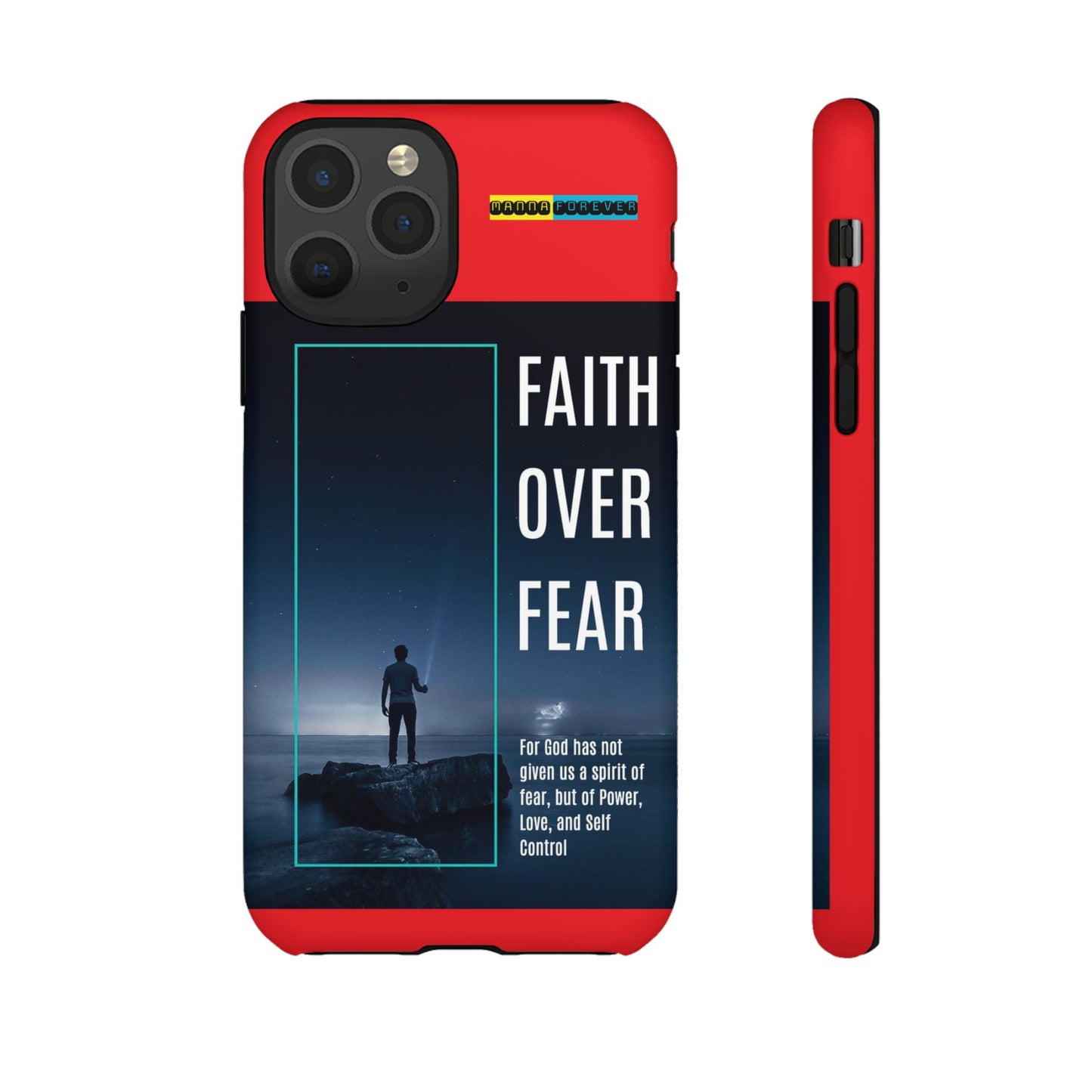 DOUBLE LAYER RED PHONE CASE WITH CHRISTIAN QUOTE "FAITH OVER FEAR " - MADE FOR  IPHONE, SAMSUNG AND GOOGLE PIXEL MODELS