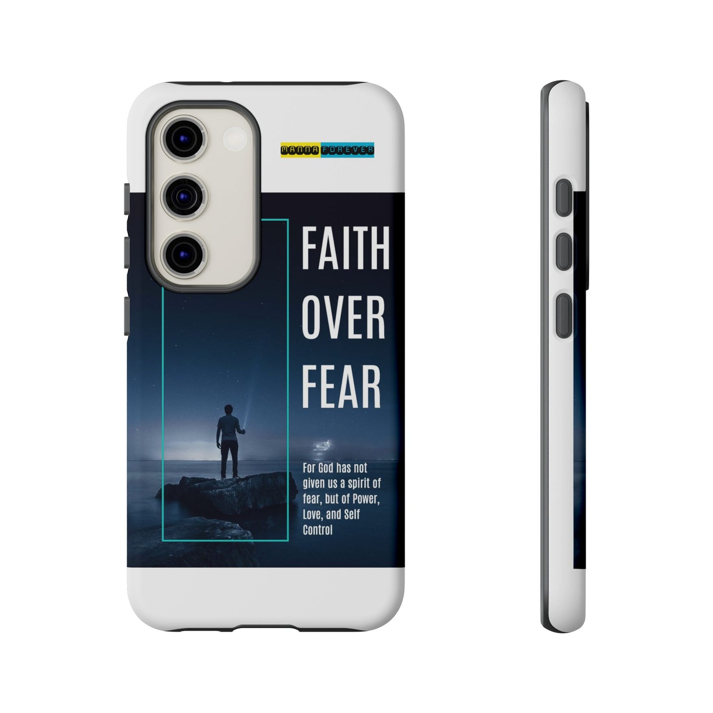 DOUBLE LAYER WHITE PHONE CASE WITH CHRISTIAN QUOTE "FAITH OVER FEAR " - MADE FOR  IPHONE, SAMSUNG AND GOOGLE PIXEL MODELS