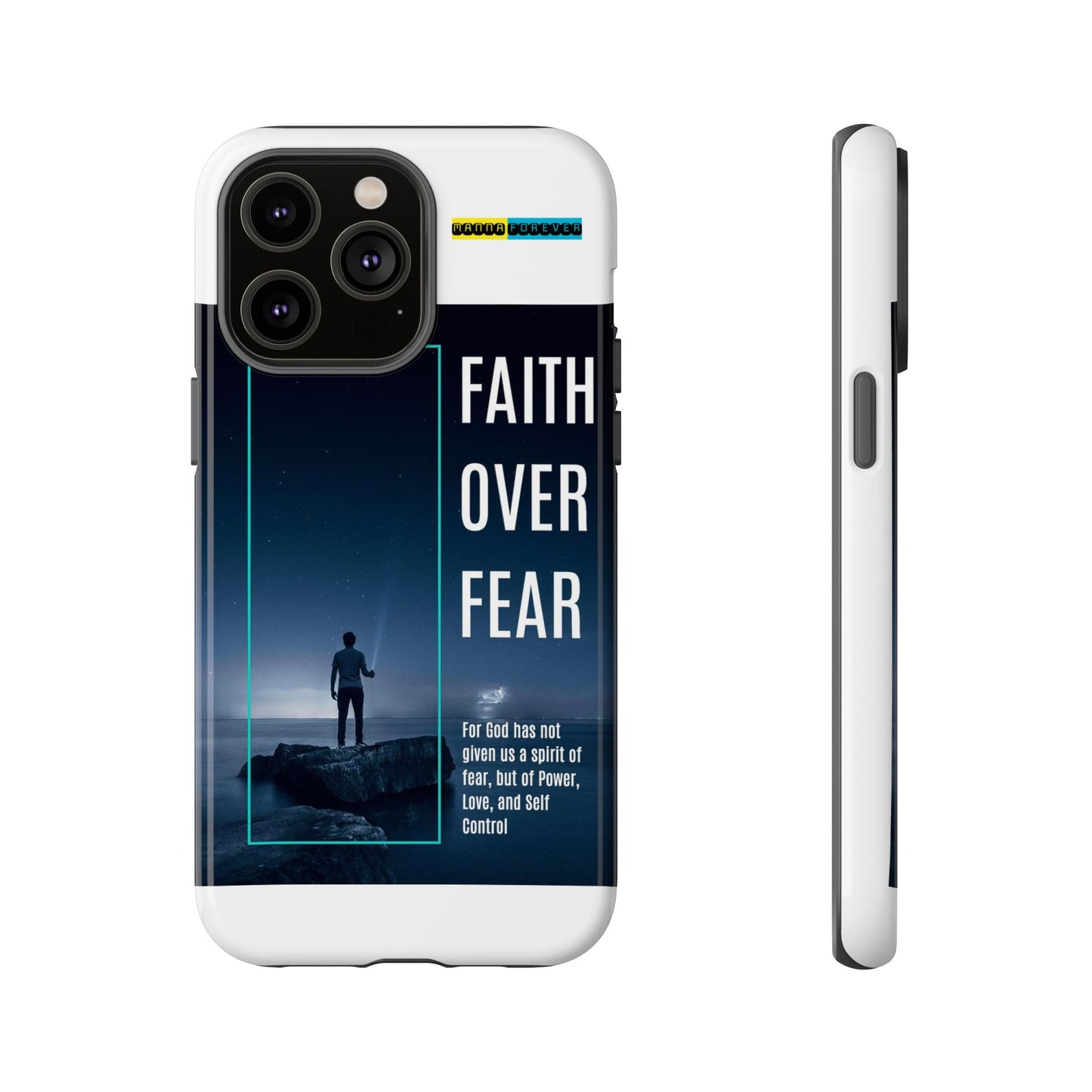 DOUBLE LAYER WHITE PHONE CASE WITH CHRISTIAN QUOTE "FAITH OVER FEAR " - MADE FOR  IPHONE, SAMSUNG AND GOOGLE PIXEL MODELS