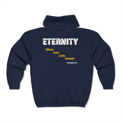 UNISEX HEAVY BLEND FULL ZIP HOODED SWEATSHIRT WITH BIBLE VERSE JEREMIAH 31:3