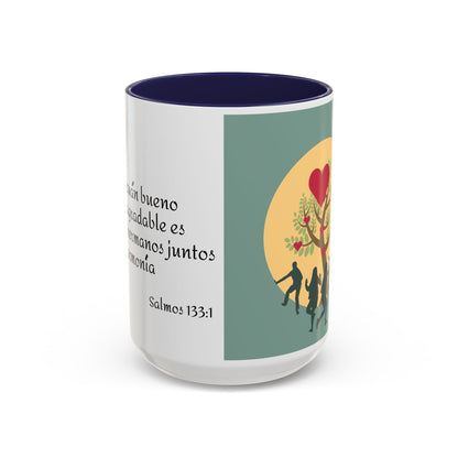 TAZA PARA CAFÉ DE CERÁMICA CON DOBLE TONALIDAD DECORATIVA CON CITA BÍBLICA SALMOS 133:1