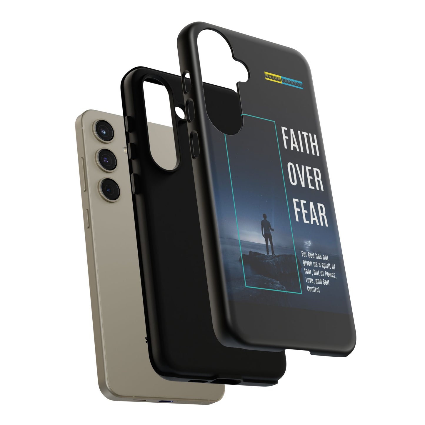 DOUBLE LAYER BLACK PHONE CASE WITH CHRISTIAN QUOTE "FAITH OVER FEAR " - MADE FOR  IPHONE, SAMSUNG AND GOOGLE PIXEL MODELS