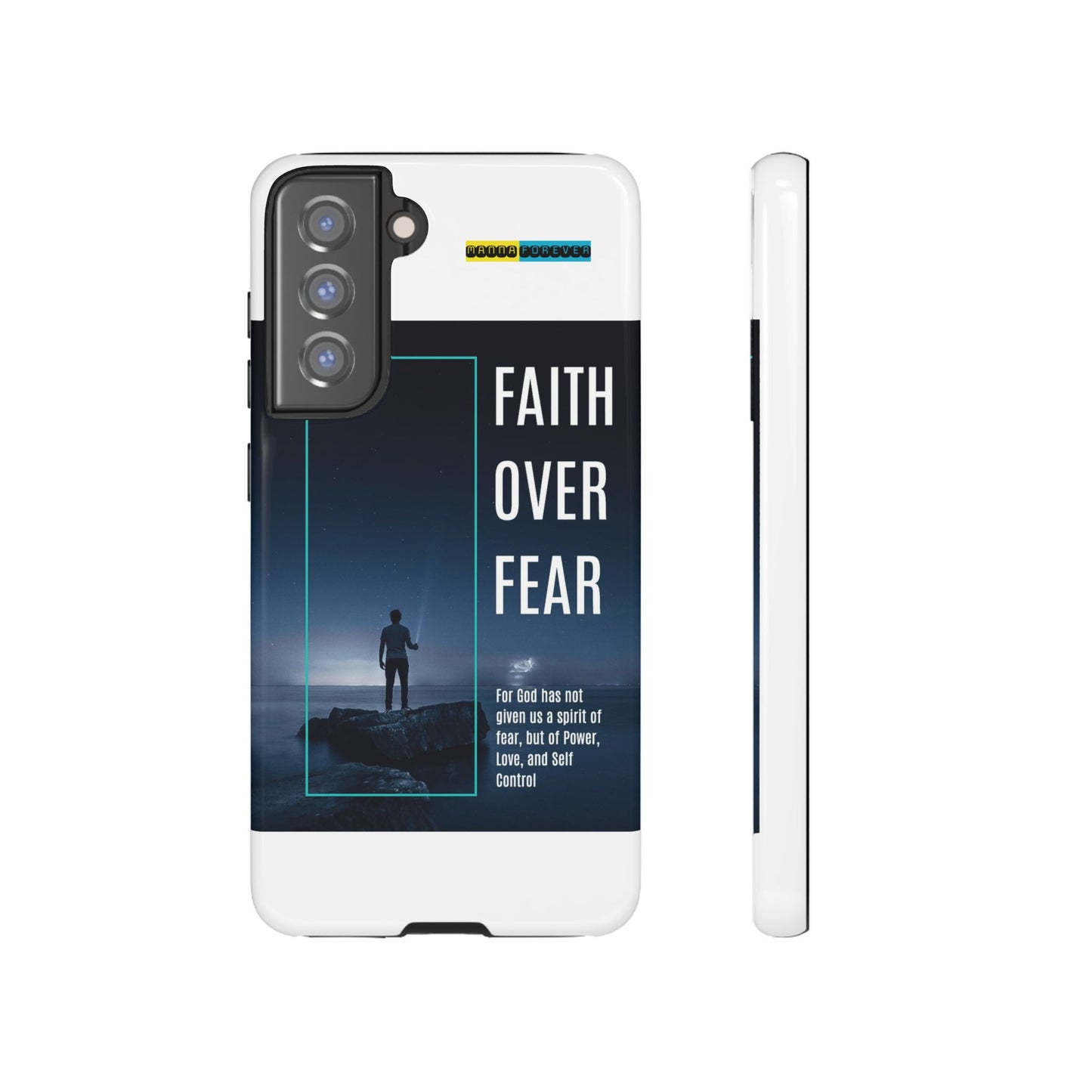 DOUBLE LAYER WHITE PHONE CASE WITH CHRISTIAN QUOTE "FAITH OVER FEAR " - MADE FOR  IPHONE, SAMSUNG AND GOOGLE PIXEL MODELS