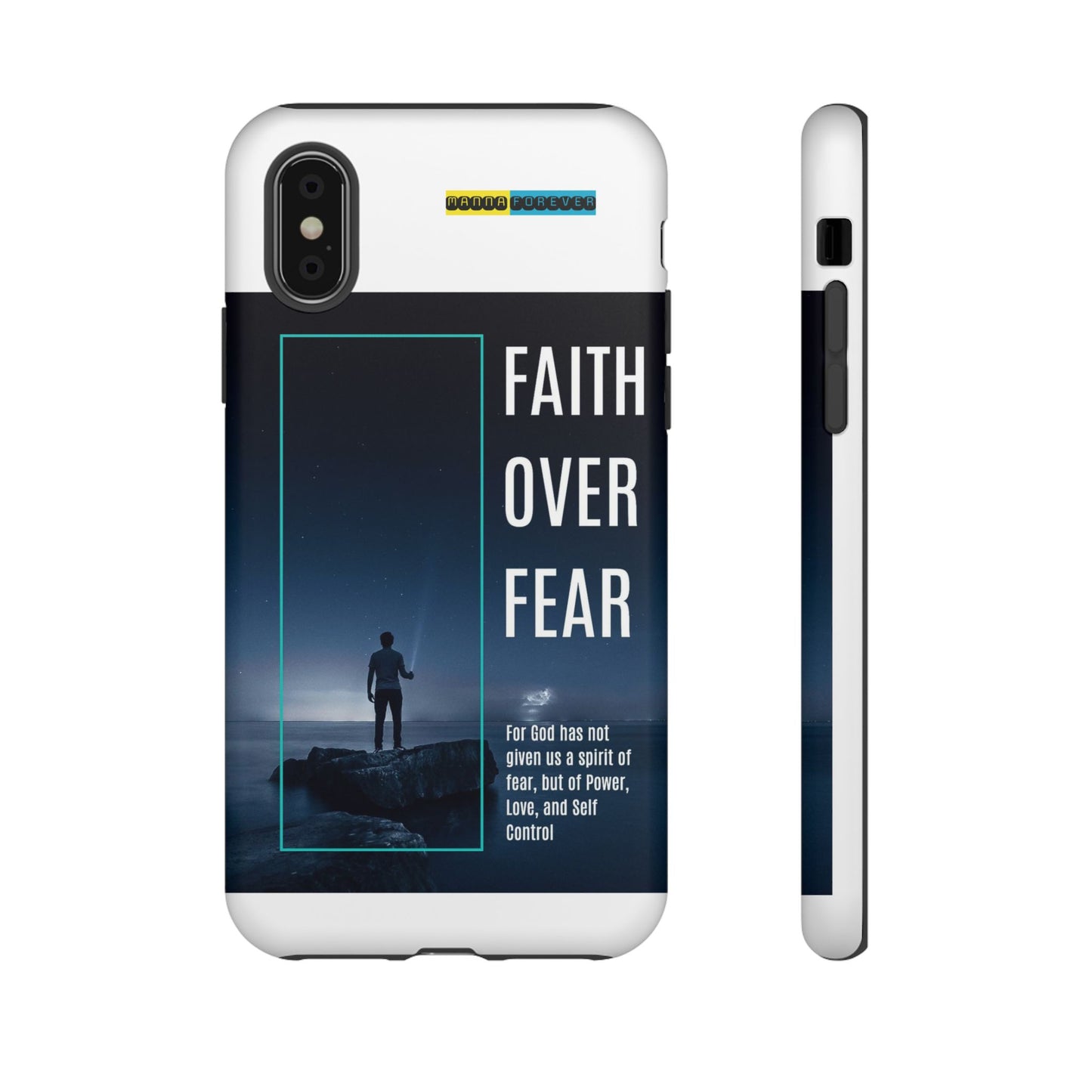 DOUBLE LAYER WHITE PHONE CASE WITH CHRISTIAN QUOTE "FAITH OVER FEAR " - MADE FOR  IPHONE, SAMSUNG AND GOOGLE PIXEL MODELS