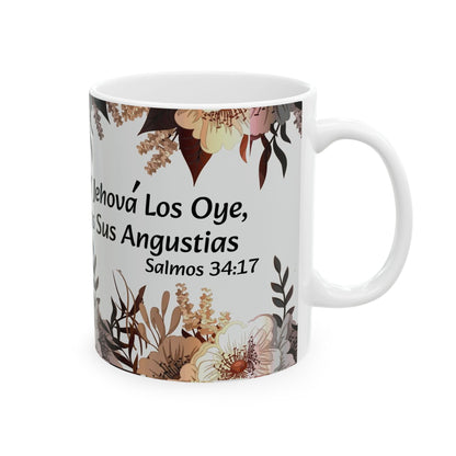 TAZA DE CERÁMICA DURABLE 11 oz Y 15 oz CON CITA BÍBLICA SALMOS 34:17