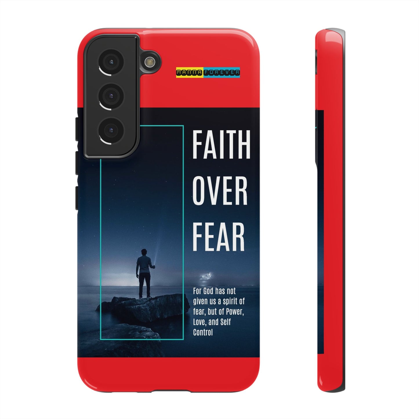 DOUBLE LAYER RED PHONE CASE WITH CHRISTIAN QUOTE "FAITH OVER FEAR " - MADE FOR  IPHONE, SAMSUNG AND GOOGLE PIXEL MODELS