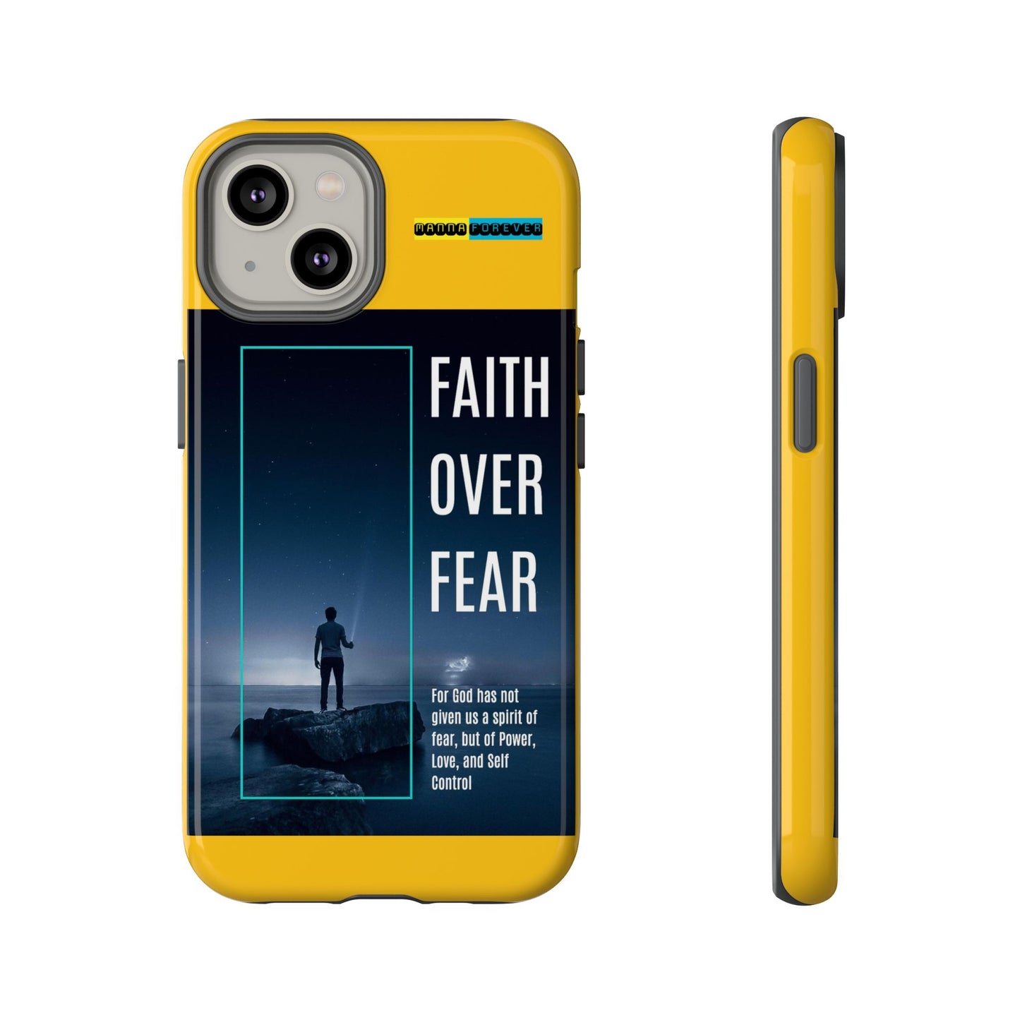 DOUBLE LAYER YELLOW PHONE CASE WITH CHRISTIAN QUOTE "FAITH OVER FEAR " - MADE FOR  IPHONE, SAMSUNG AND GOOGLE PIXEL MODELS