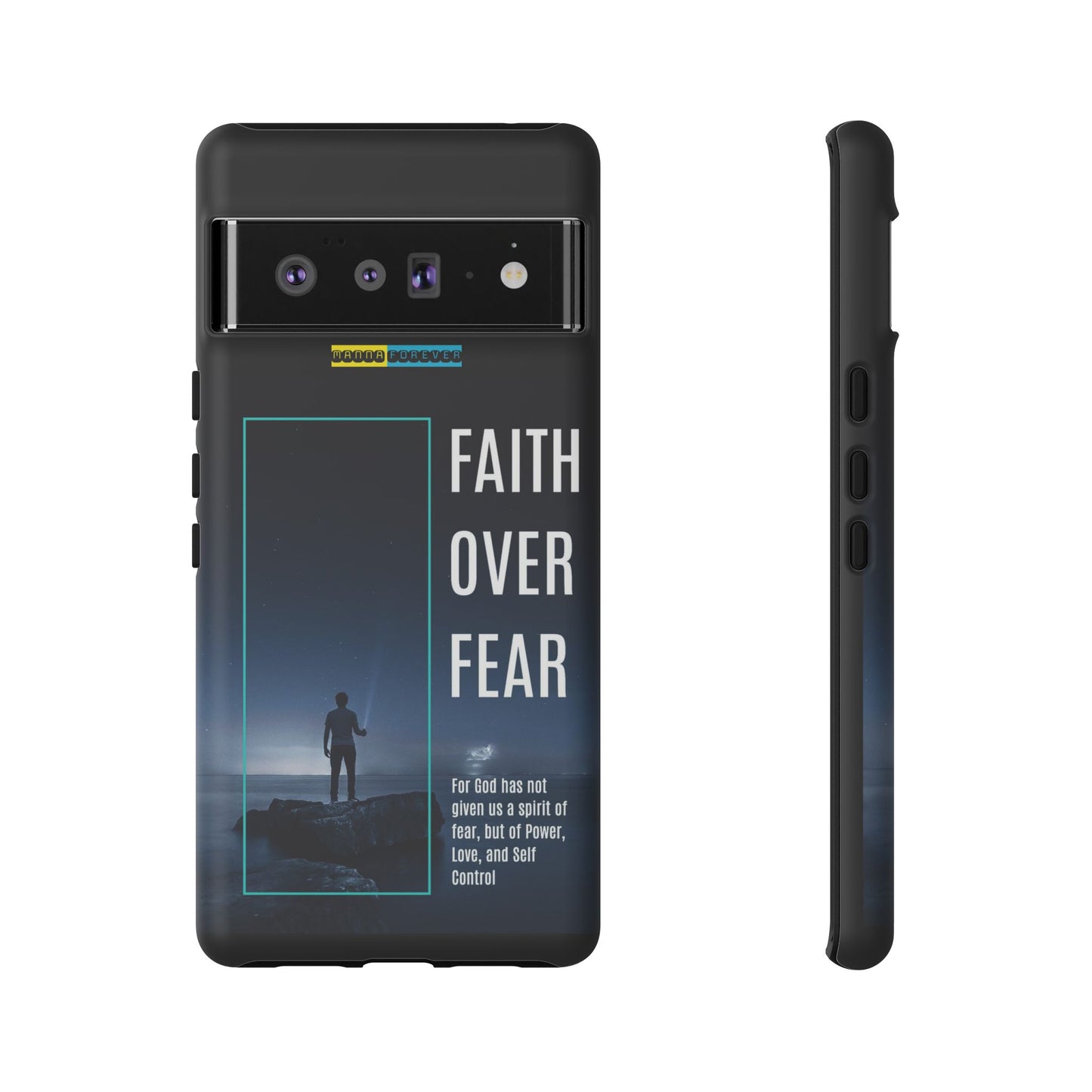 DOUBLE LAYER BLACK PHONE CASE WITH CHRISTIAN QUOTE "FAITH OVER FEAR " - MADE FOR  IPHONE, SAMSUNG AND GOOGLE PIXEL MODELS