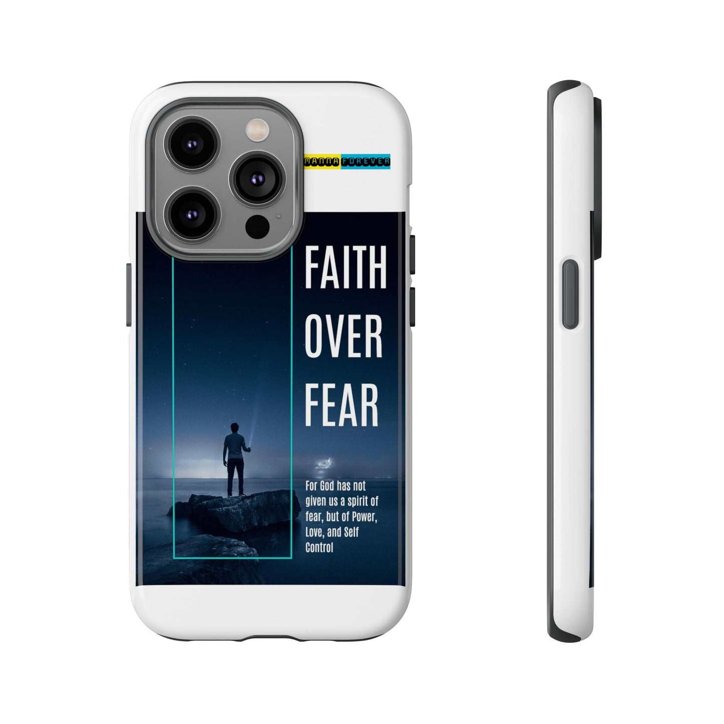 DOUBLE LAYER WHITE PHONE CASE WITH CHRISTIAN QUOTE "FAITH OVER FEAR " - MADE FOR  IPHONE, SAMSUNG AND GOOGLE PIXEL MODELS